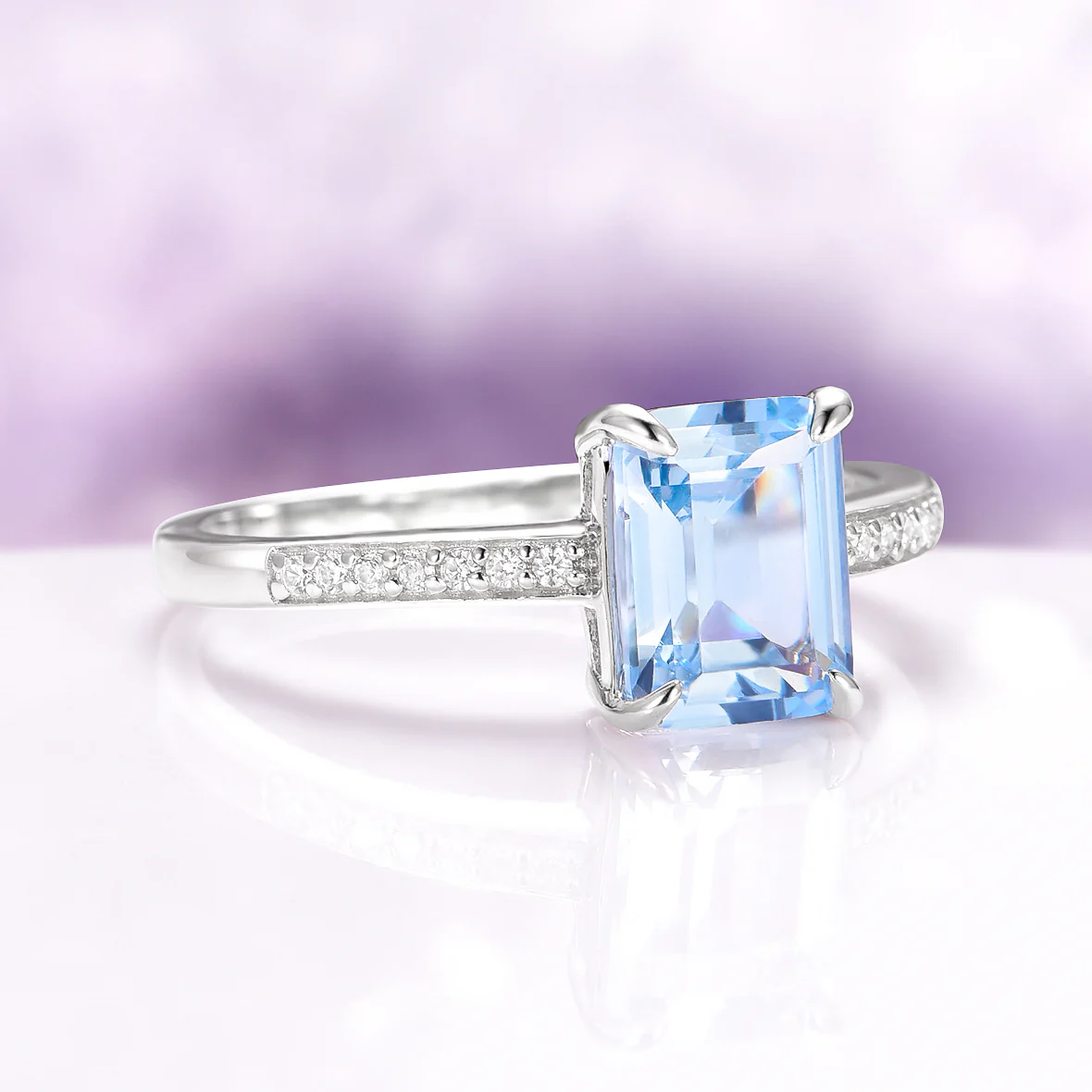 Ava Emerald Cut Aquamarine Engagement Ring in Sterling Silver - Image 4