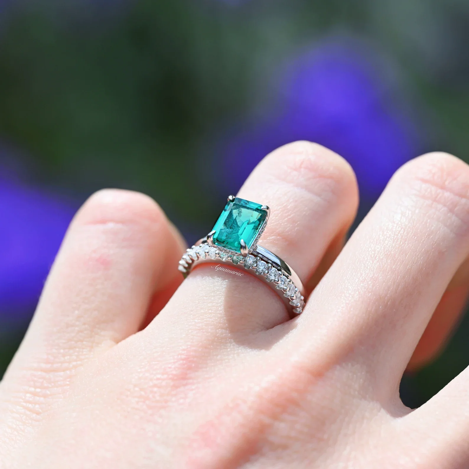 Emerald Engagement Ring in 14K White Gold (Hidden Halo) - Image 3