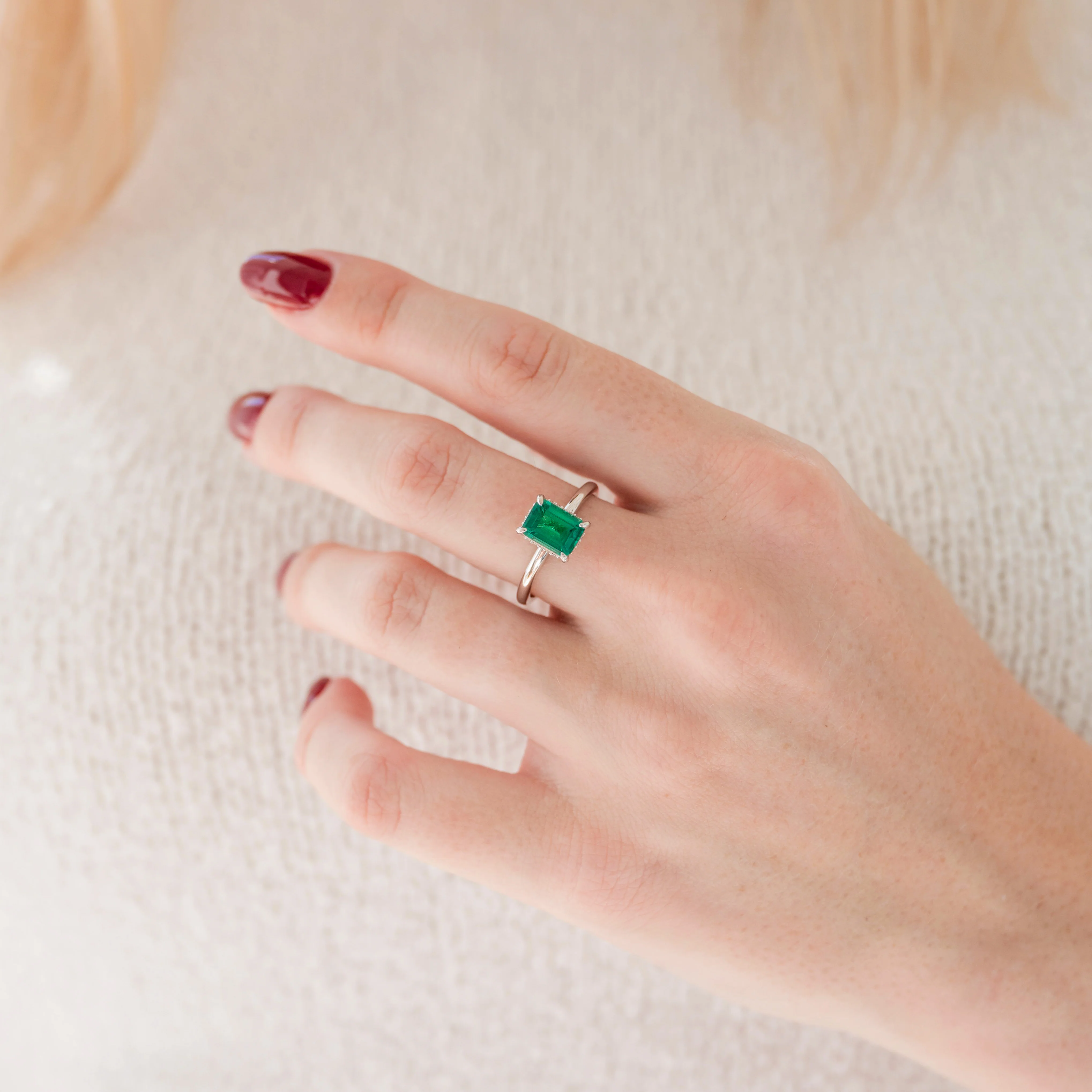 Emerald Engagement Ring in 14K White Gold (Hidden Halo) - Image 6