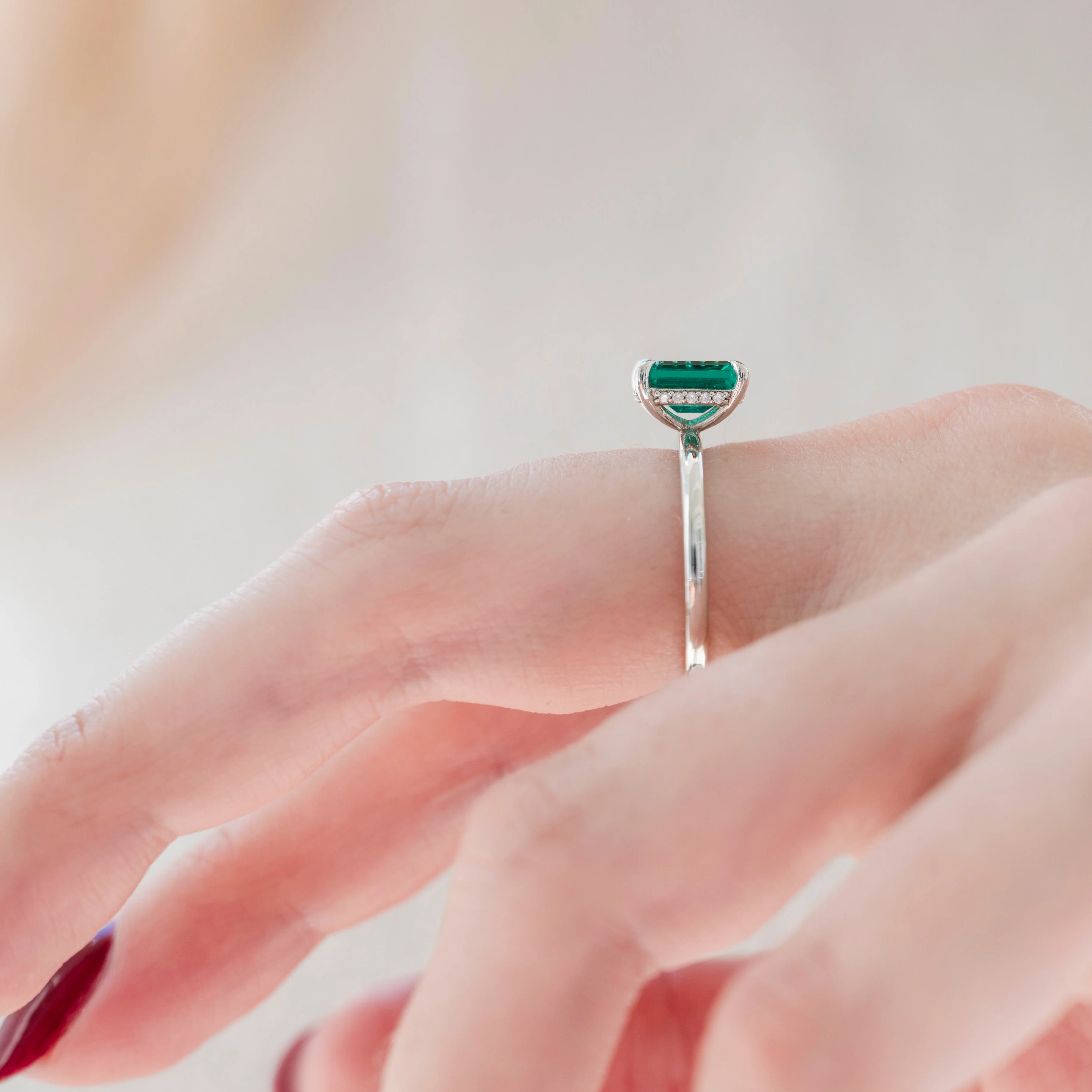 Emerald Engagement Ring in 14K White Gold (Hidden Halo) - Image 7