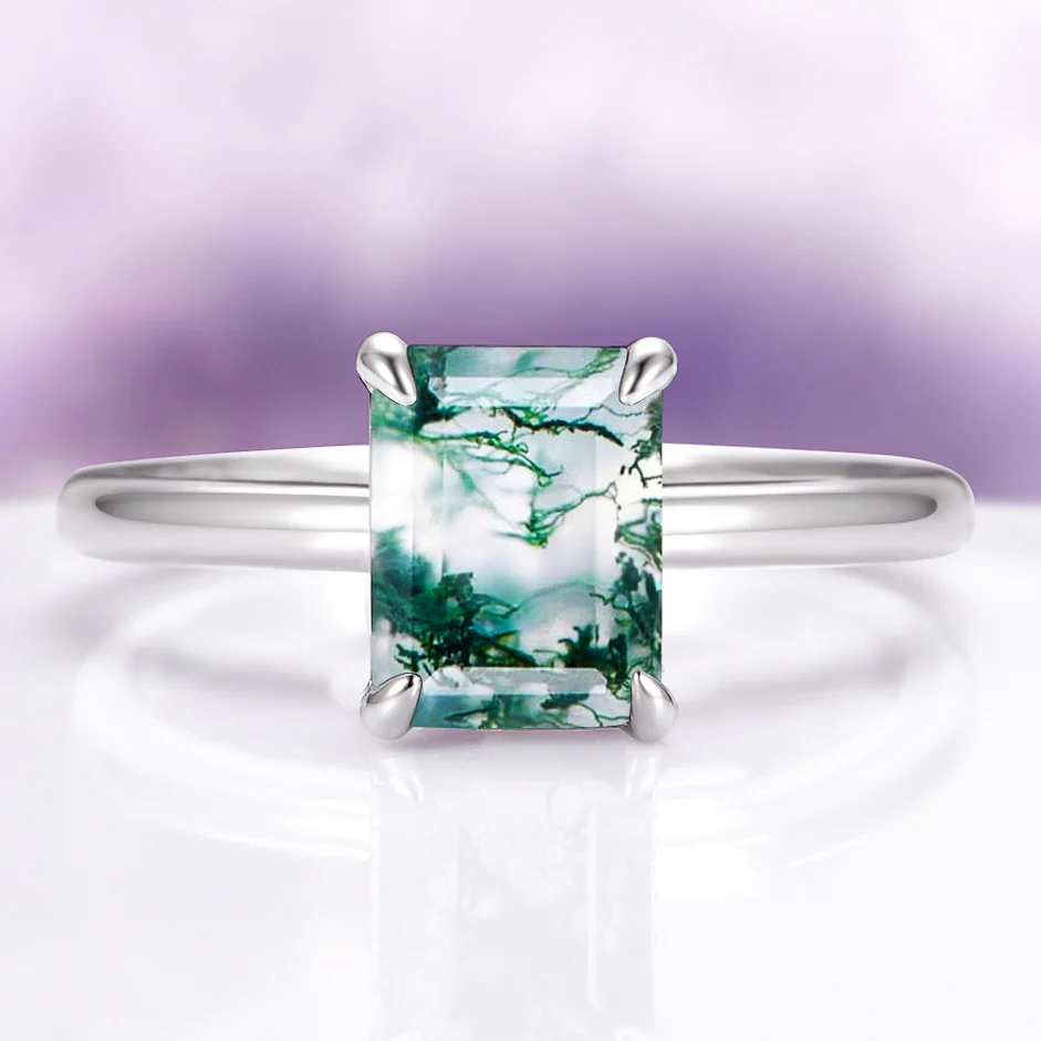 Moss Agate Engagement Ring in 14K White Gold (Hidden Halo)