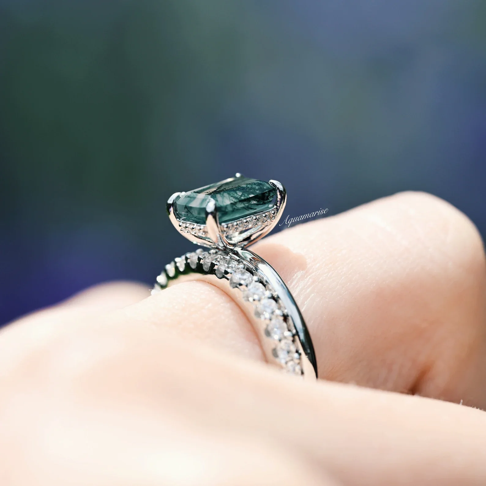 Moss Agate Engagement Ring in 14K White Gold (Hidden Halo) - Image 3