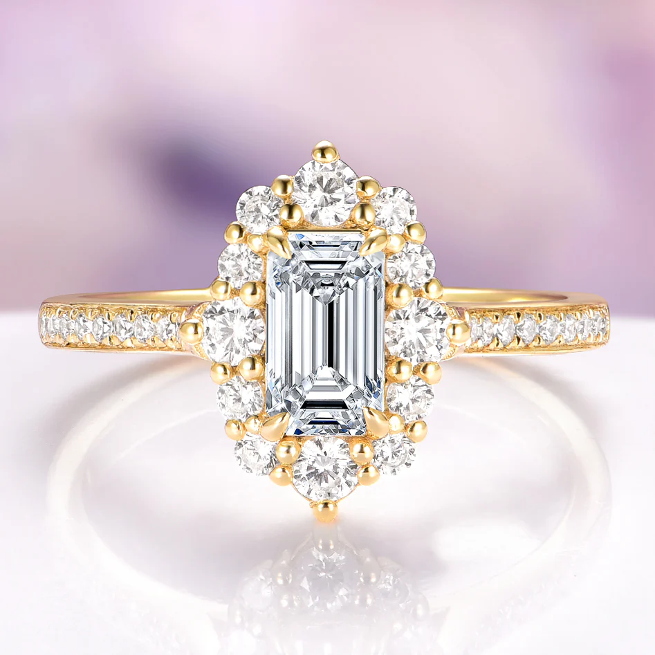 Emerald Cut Moissanite Engagement Ring in Solid 14K Yellow Gold