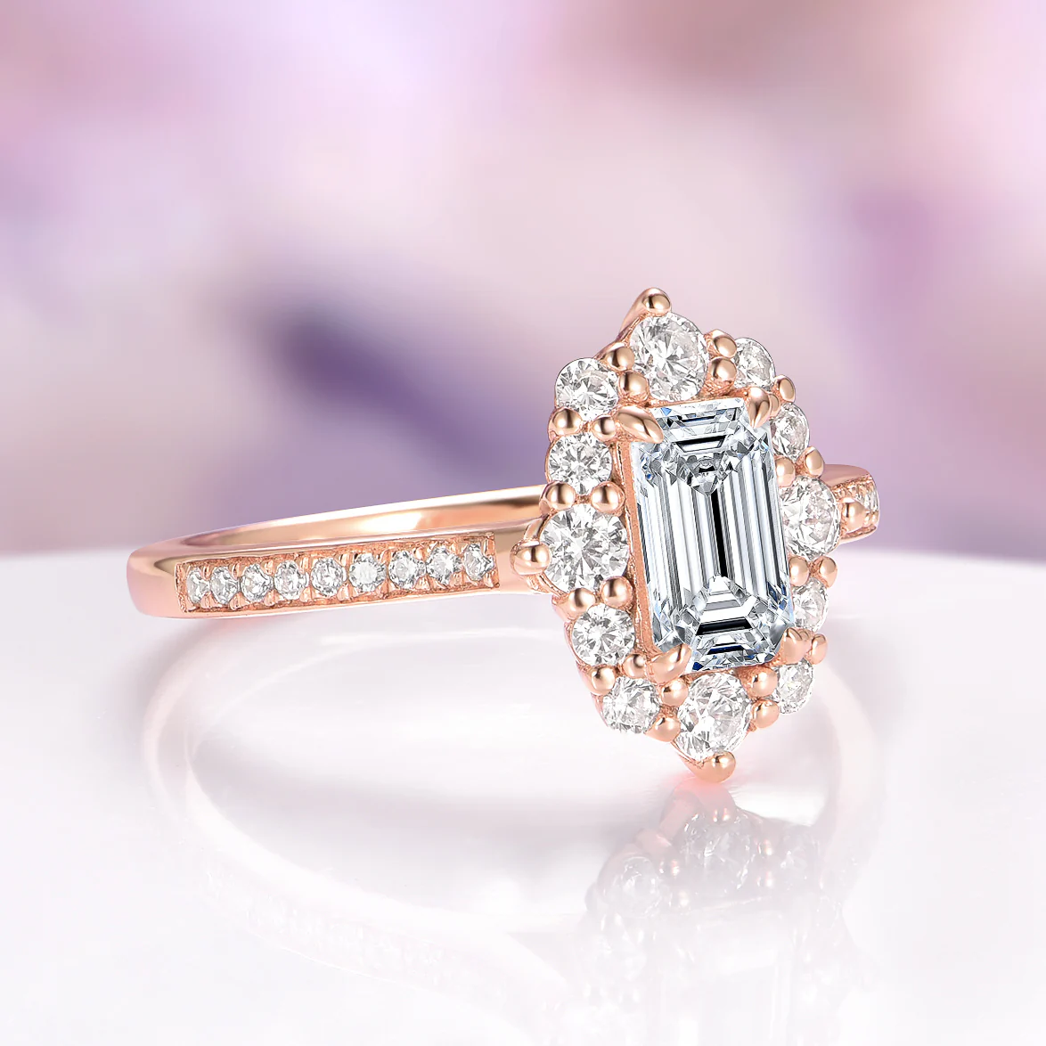 Emerald Cut Moissanite Engagement Ring in Solid 14K Rose Gold - Image 4