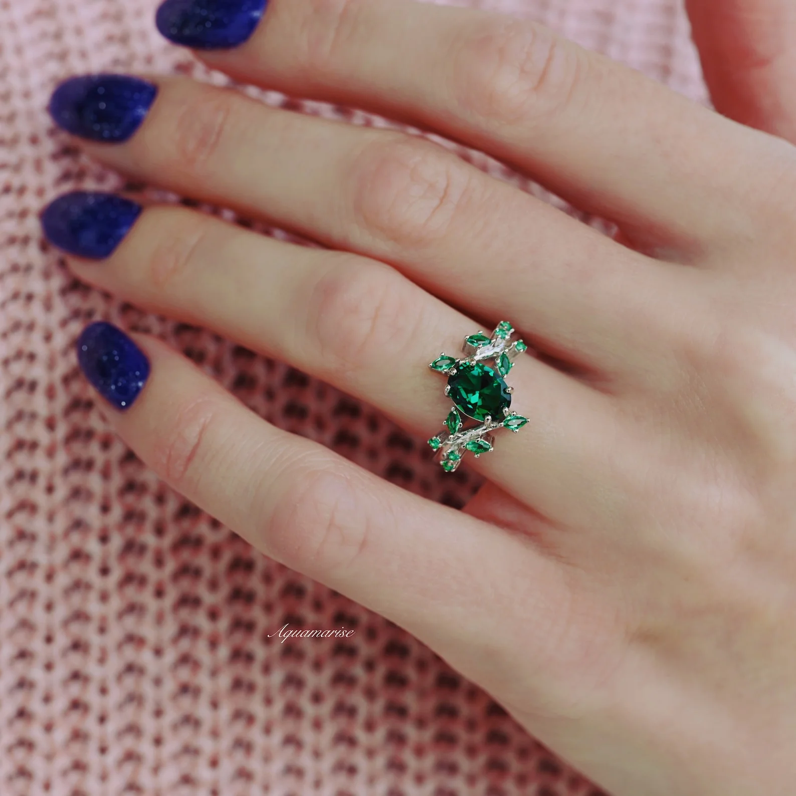 Oval Cut Lab-Grown Emerald Leaf Engagement Ring in 14K White Gold - Image 5