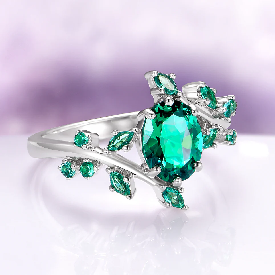 Oval Cut Emerald Leaf Couples Ring Set - Image 10