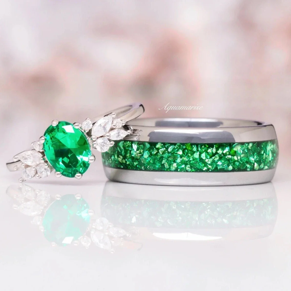Emerald Leaf Couples Ring Set