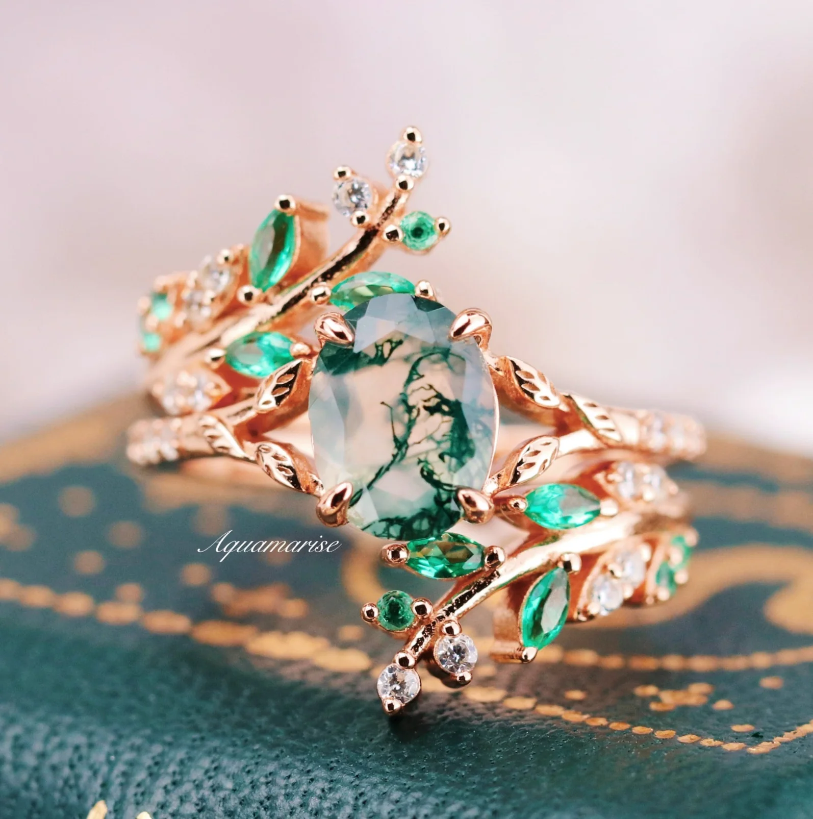 Emerald Leaf Ring Guard in 14K Solid Rose Gold - Image 10