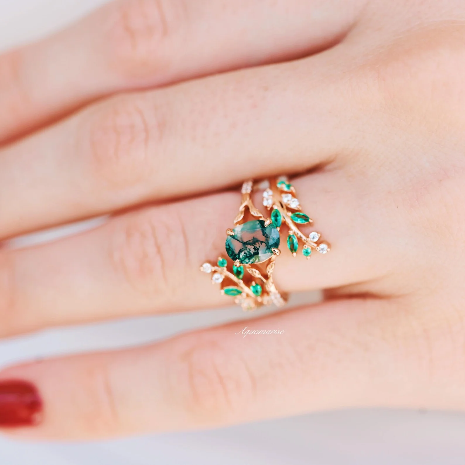 Emerald Leaf Ring Guard in 14K Solid Rose Gold - Image 6