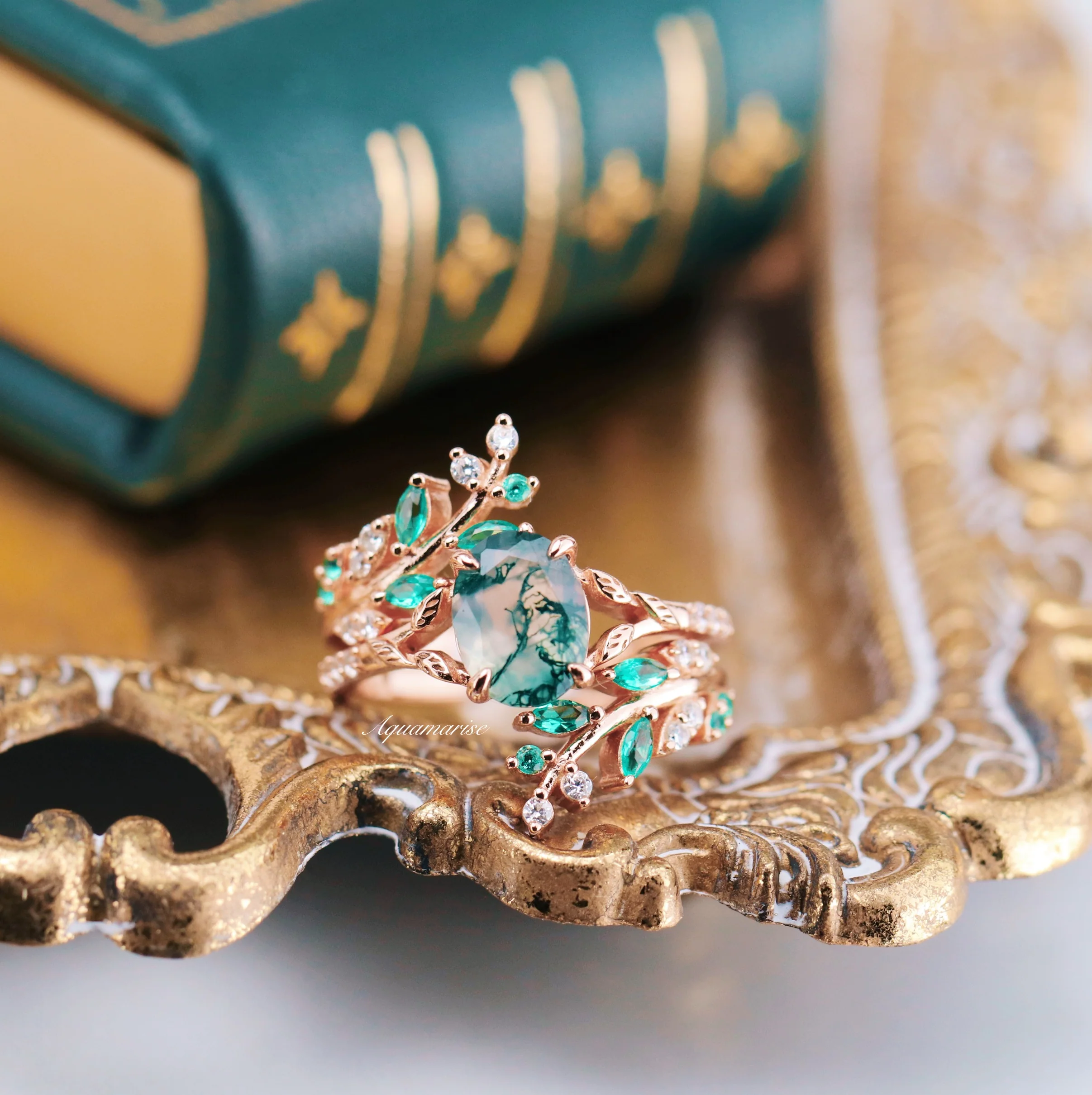 Emerald Leaf Ring Guard in 14K Solid Rose Gold - Image 9