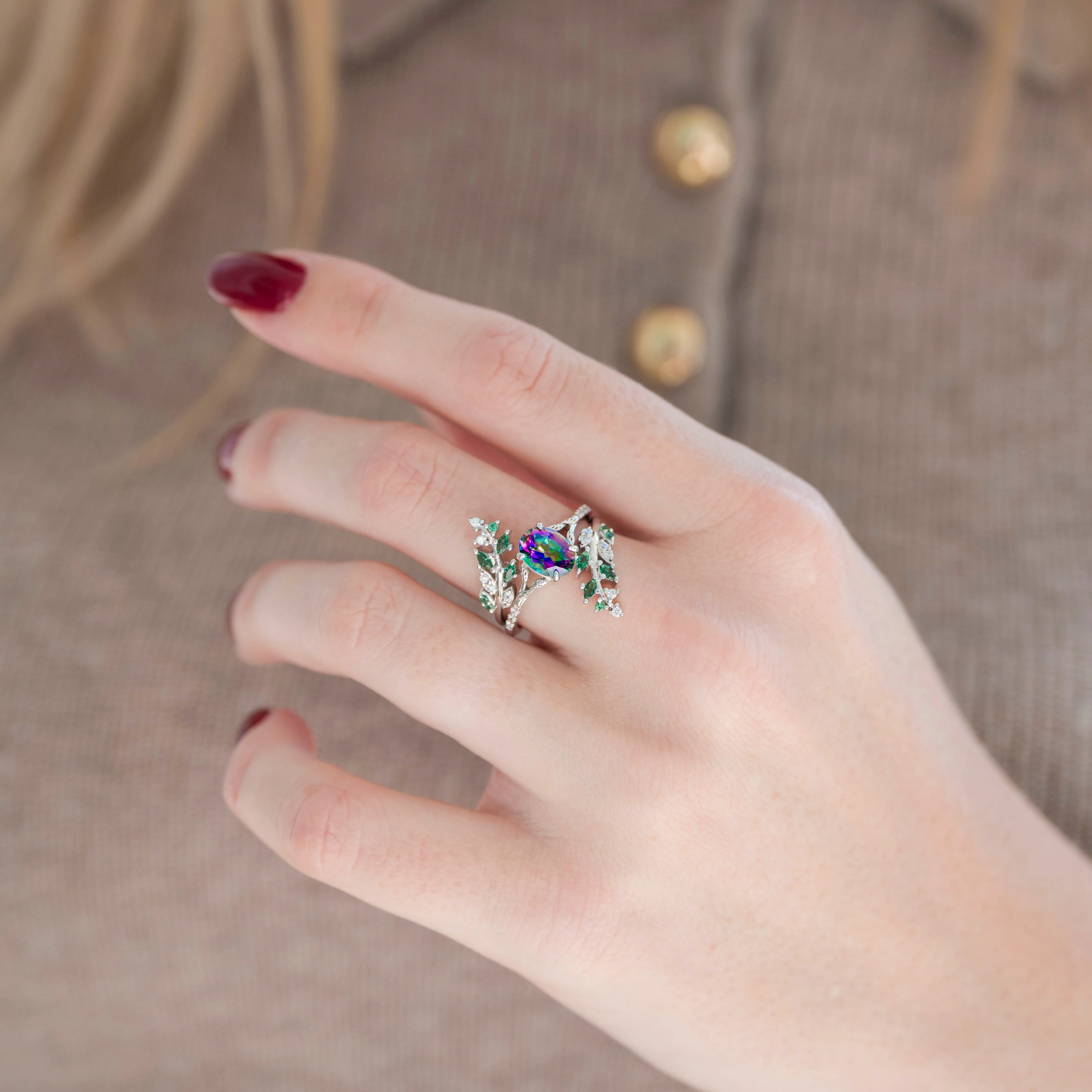 Emerald Leaf Ring Guard in 14K White Gold - Image 5