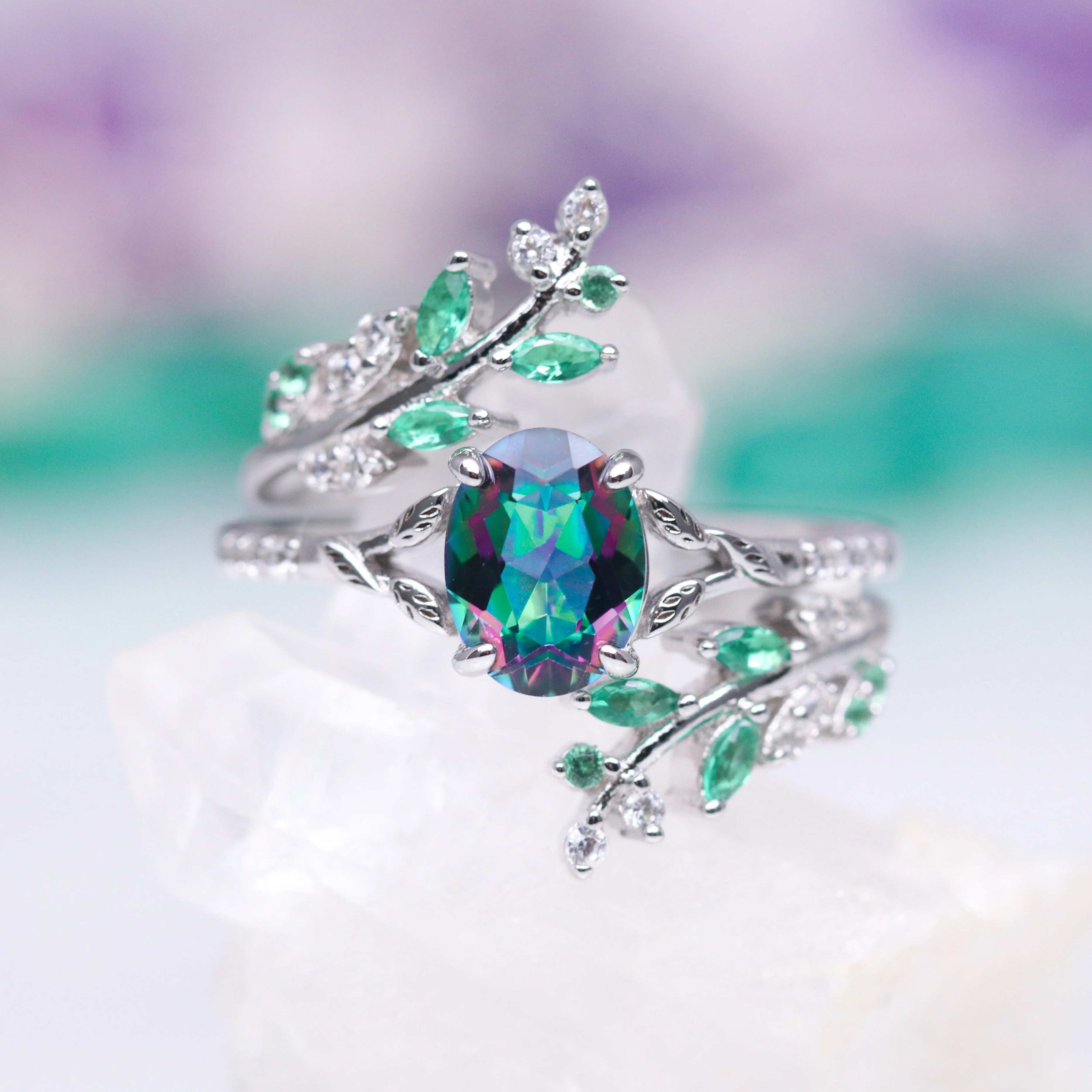Emerald Leaf Ring Guard in 14K White Gold - Image 7
