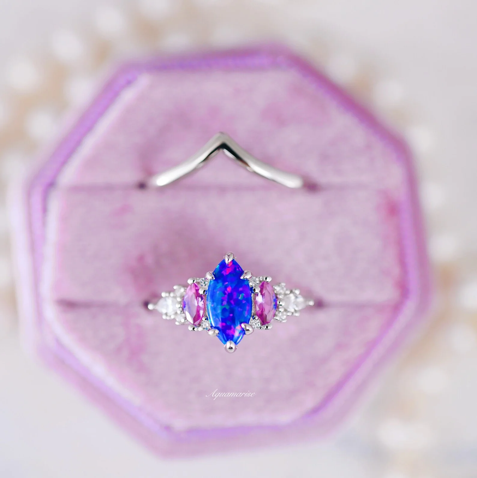 Emerie Blue Fire Opal & Pink Sapphire Ring Set in  Sterling Silver - Image 2