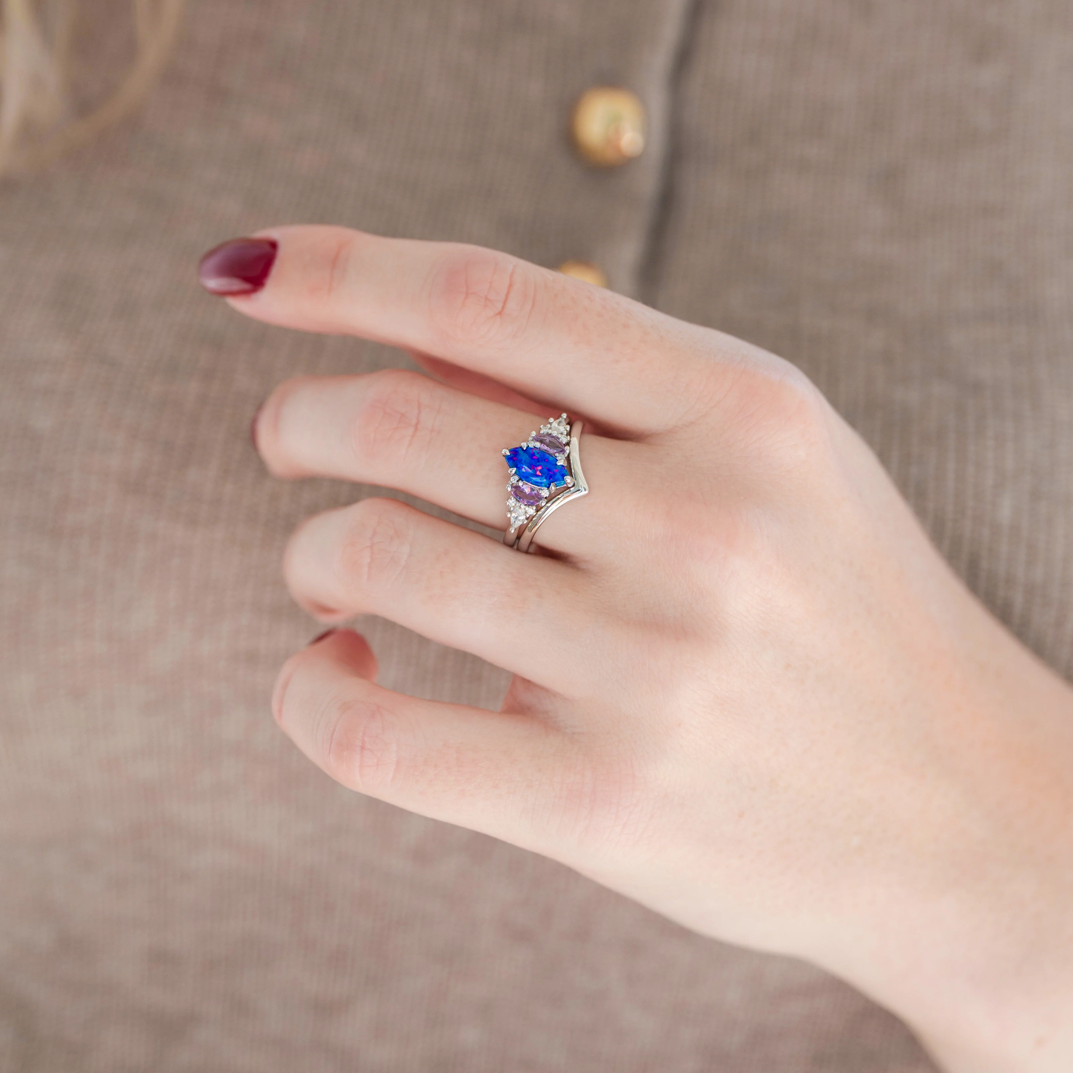 Emerie Blue Fire Opal & Pink Sapphire Ring Set in  Sterling Silver - Image 3