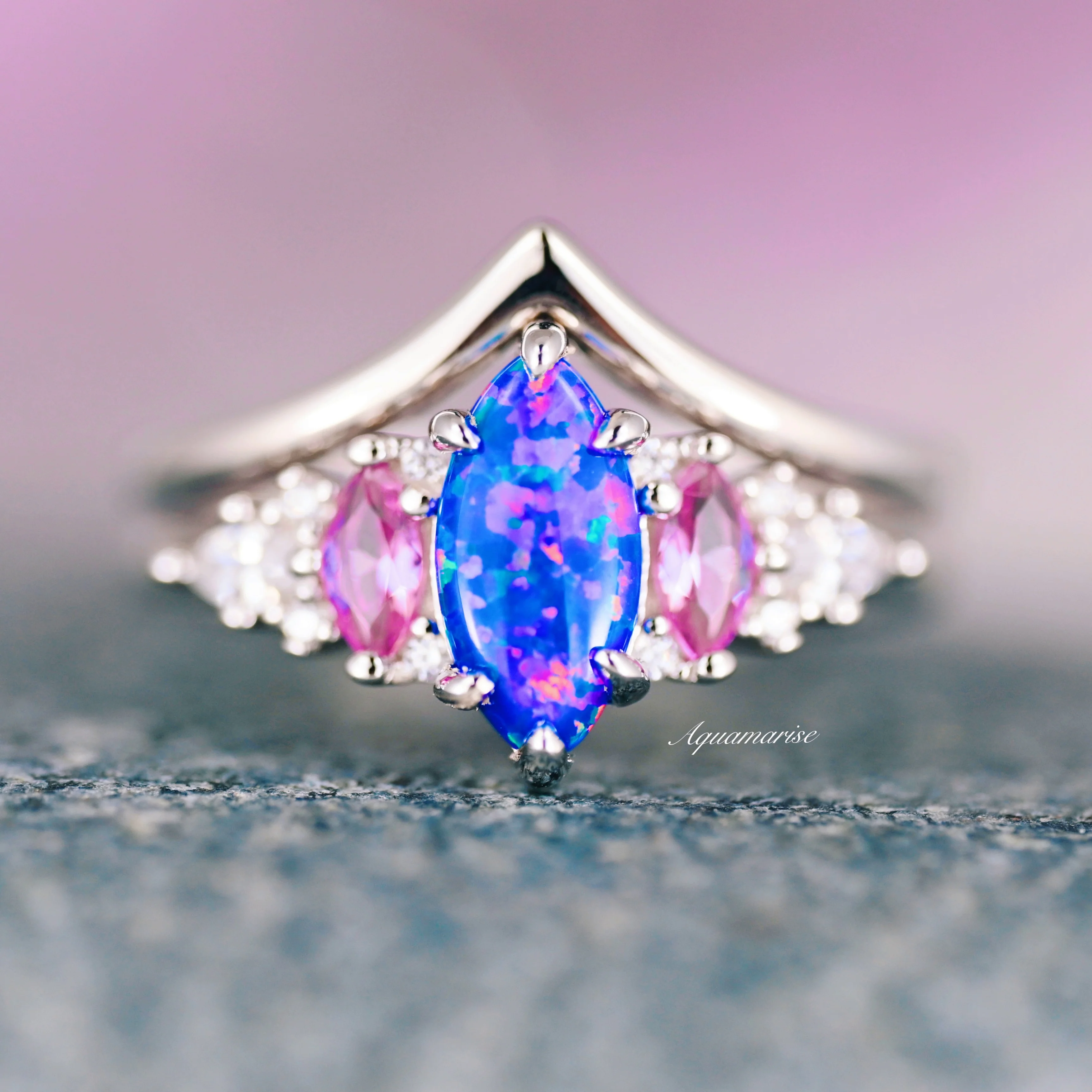 Emerie Blue Fire Opal & Pink Sapphire Ring Set in  Sterling Silver - Image 5