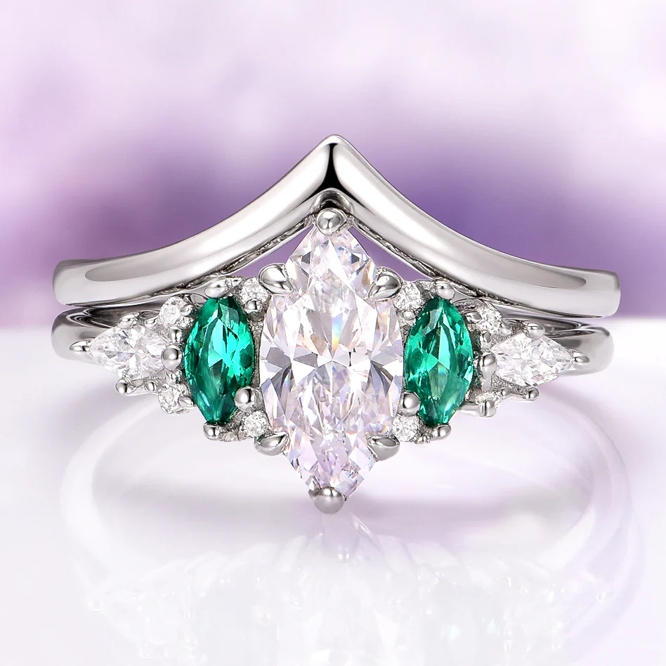 Emerie Lab-Grown Diamond and Emerald Engagement Ring Set in 14K White Gold (IGI Certified)