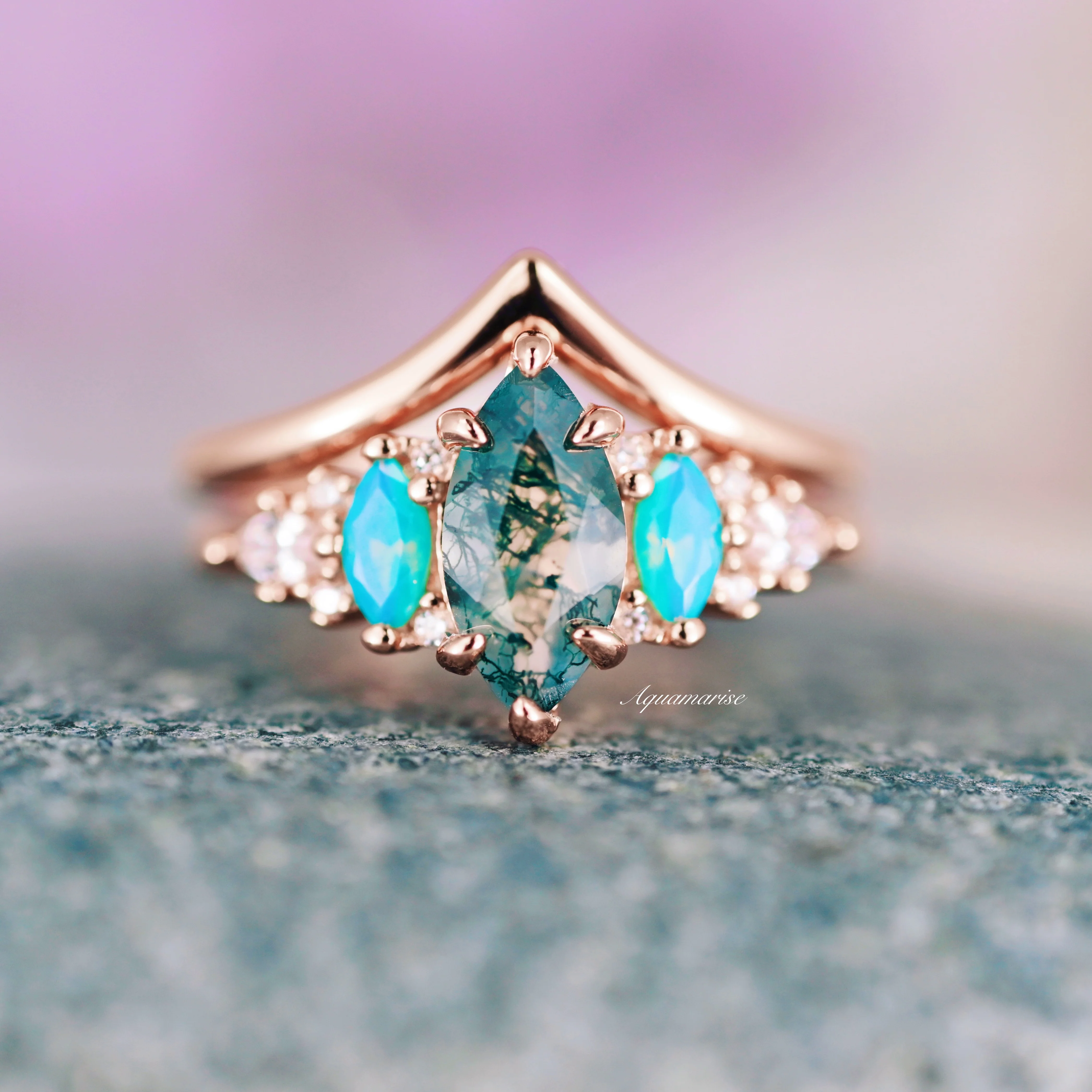 Emerie Marquise Cut Moss Agate & Opalescent Sapphire Ring Set in 14K Rose Gold Vermeil - Image 2