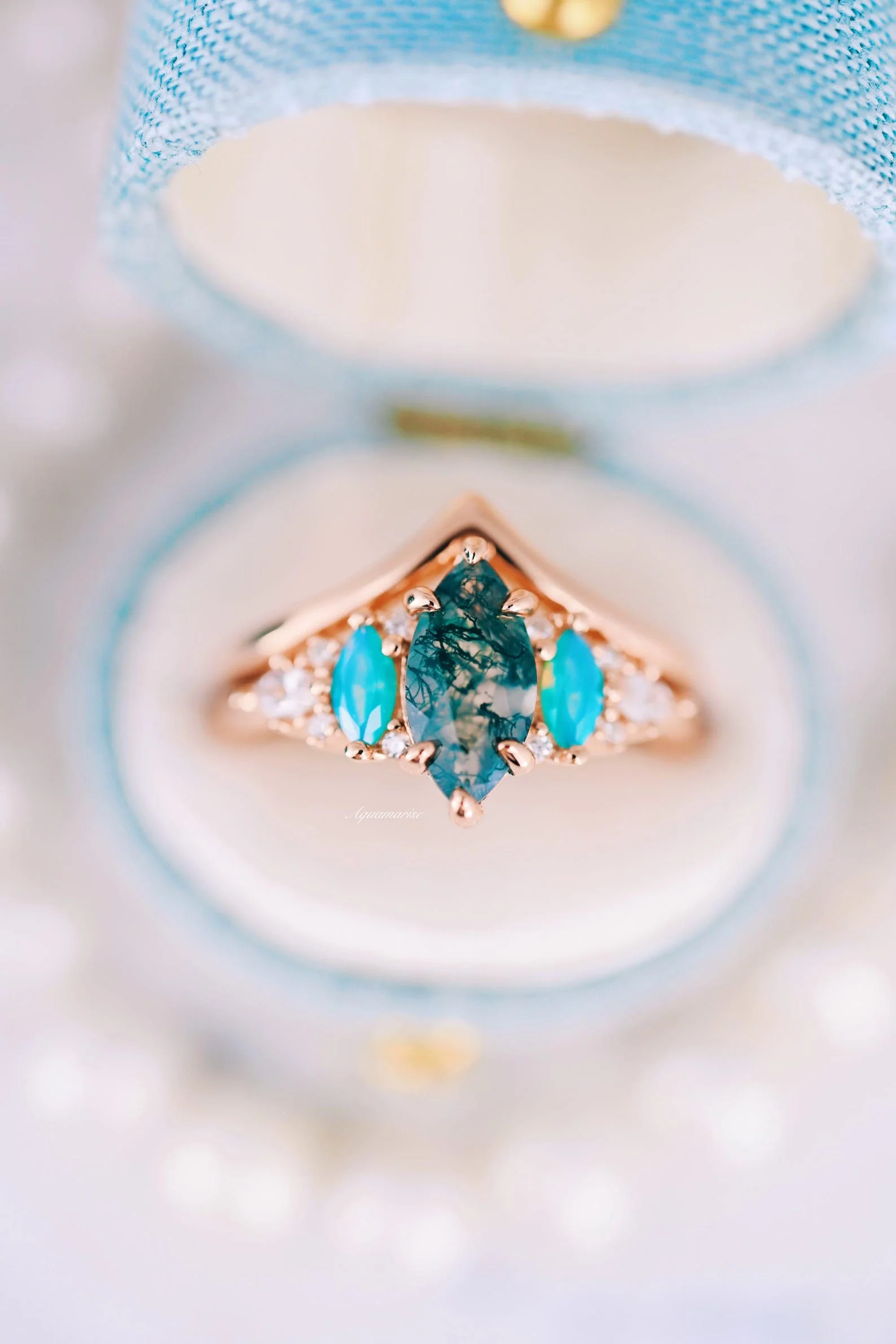 Emerie Moss Agate & Opalescent Sapphire Engagement Ring Set in 14K Solid Rose Gold - Image 2