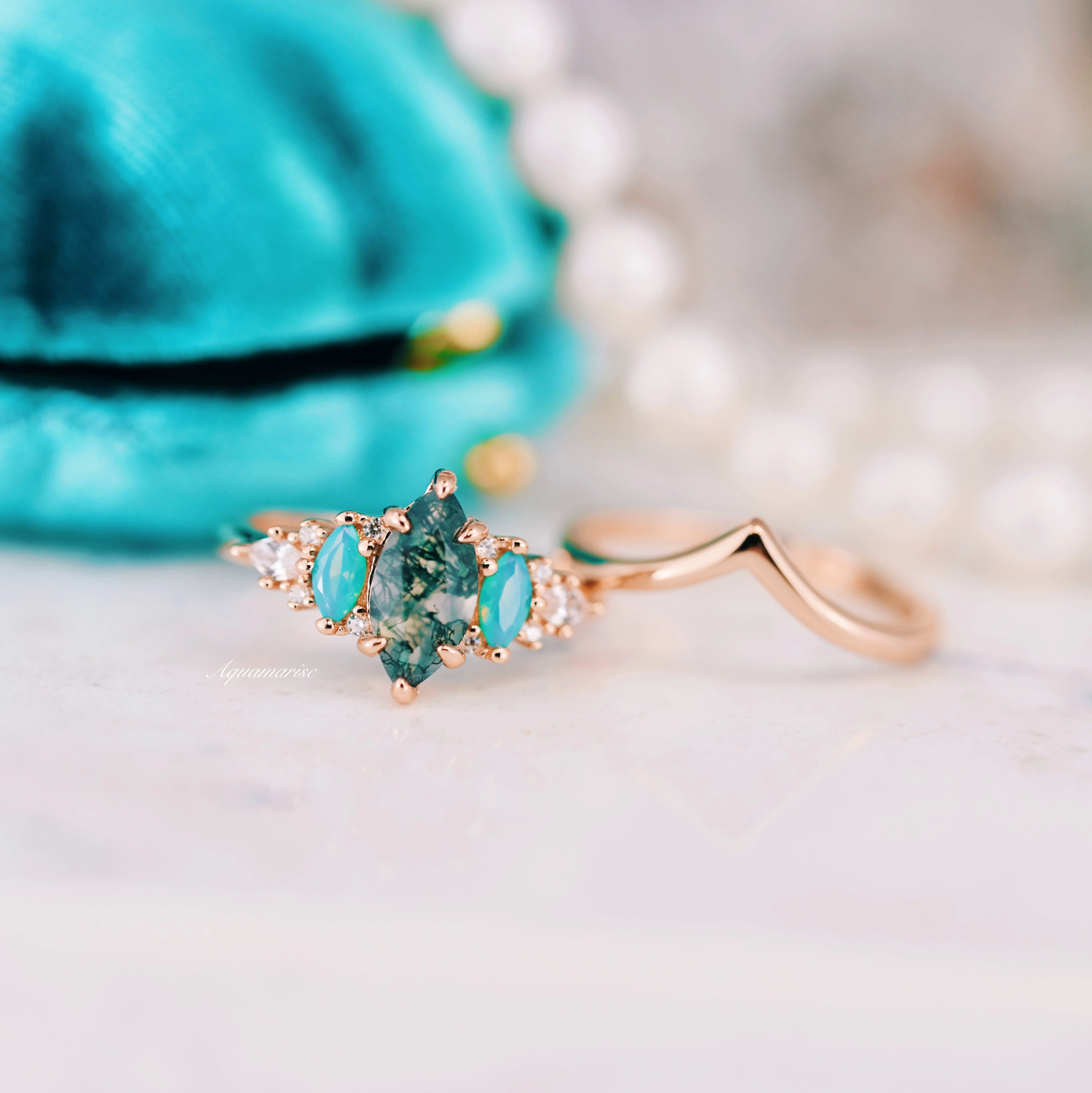 Emerie Moss Agate & Opalescent Sapphire Engagement Ring Set in 14K Solid Rose Gold - Image 3
