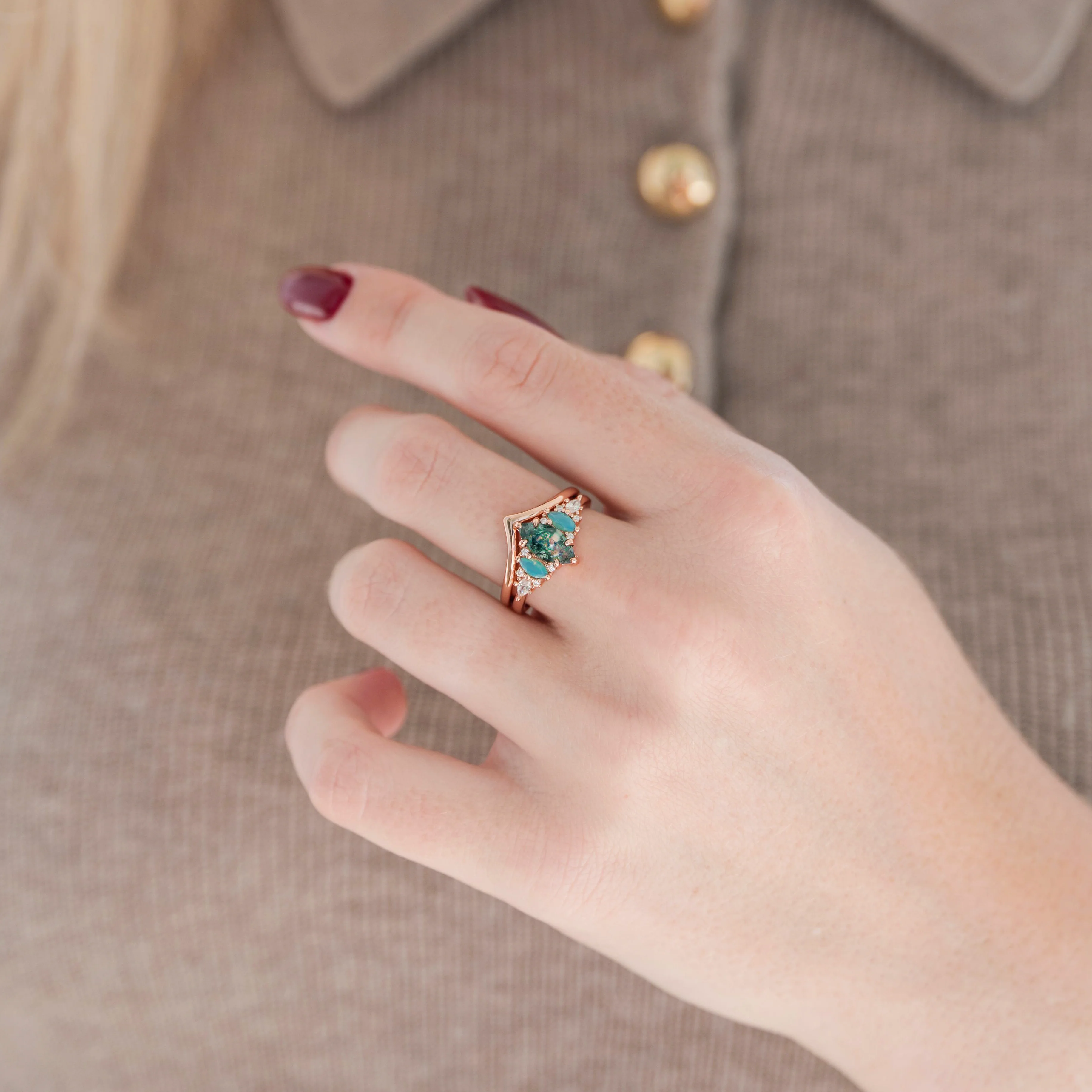 Emerie Moss Agate & Opalescent Sapphire Engagement Ring Set in 14K Solid Rose Gold - Image 4