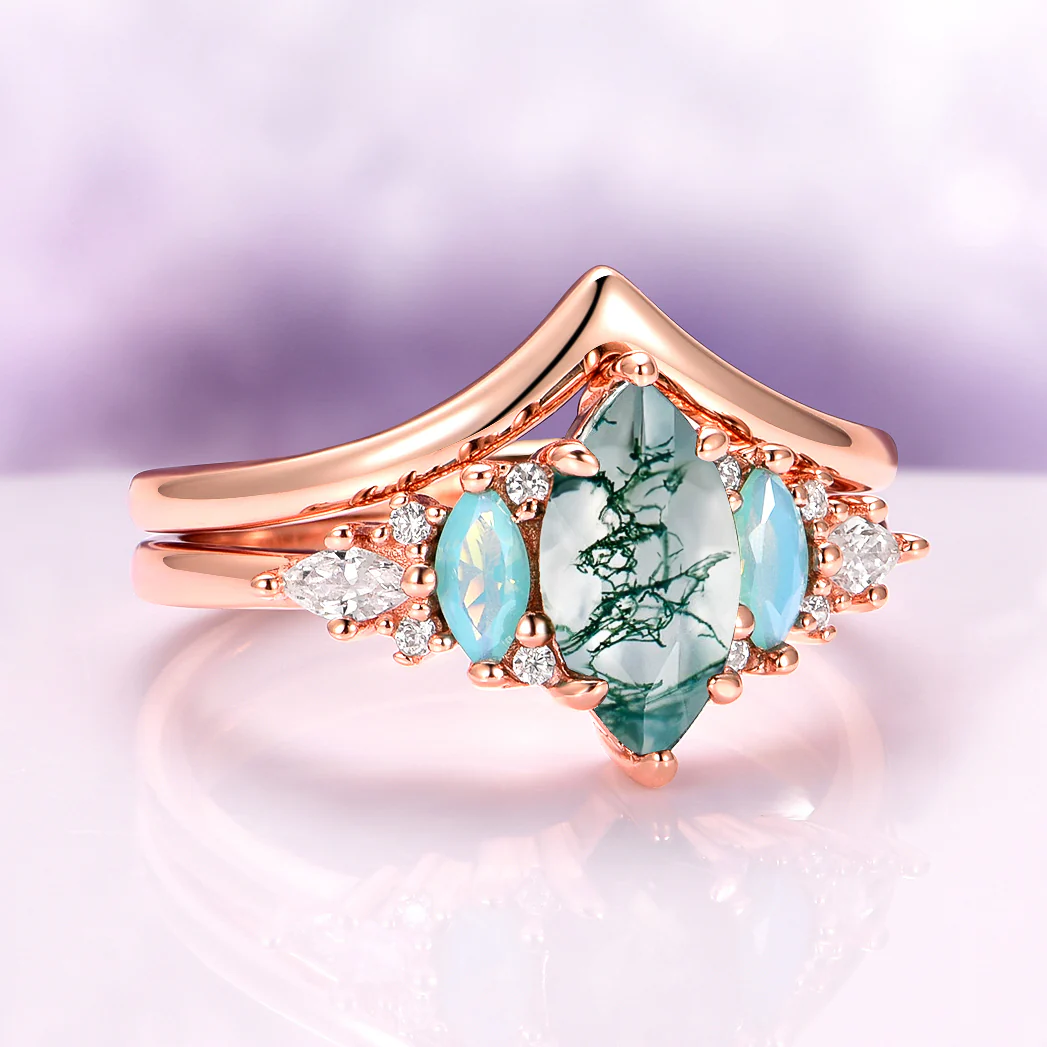 Emerie Moss Agate & Opalescent Sapphire Engagement Ring Set in 14K Solid Rose Gold - Image 5
