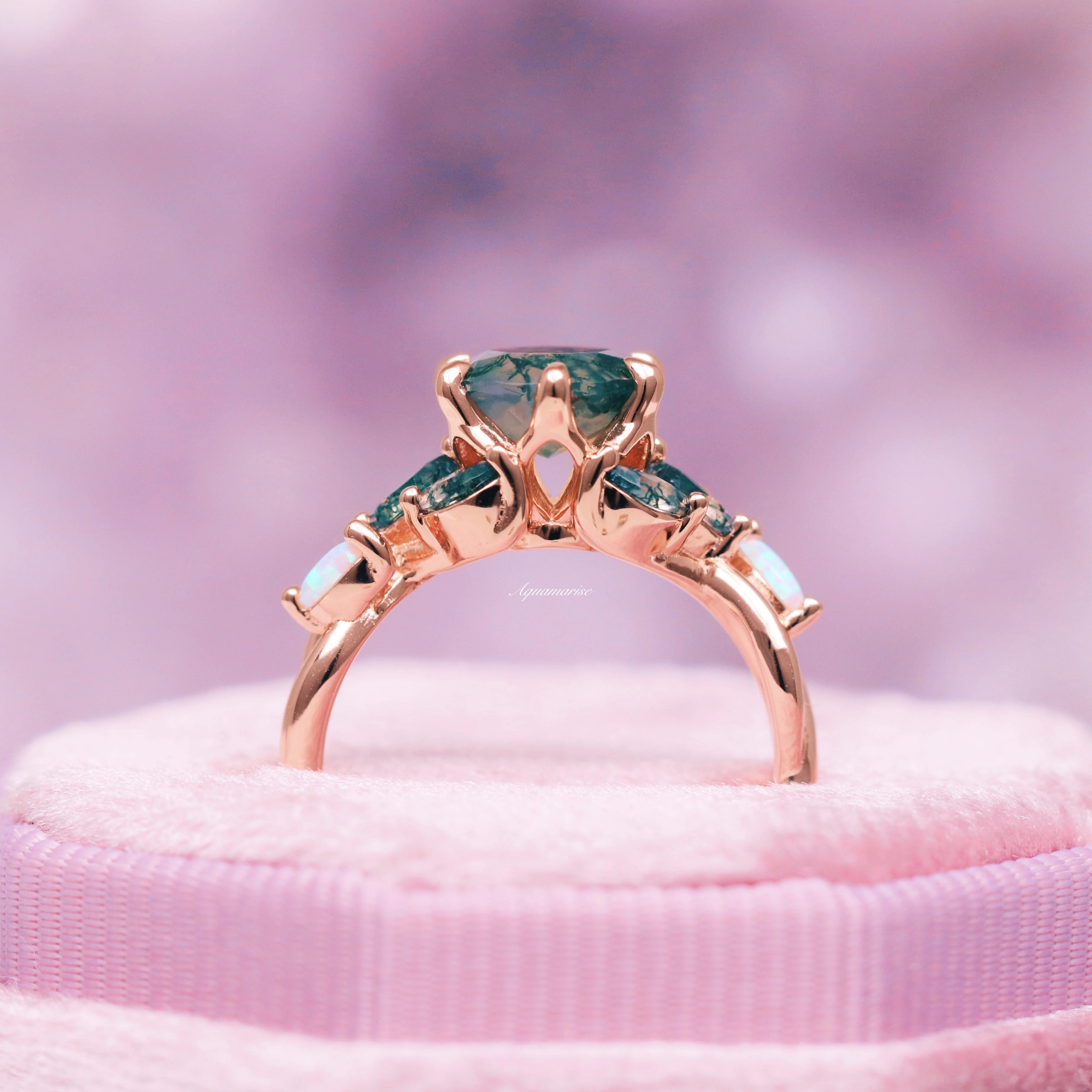Enchanted Garden Green Moss Agate & Fire Opal Ring- 14K Solid Rose Gold - Image 3