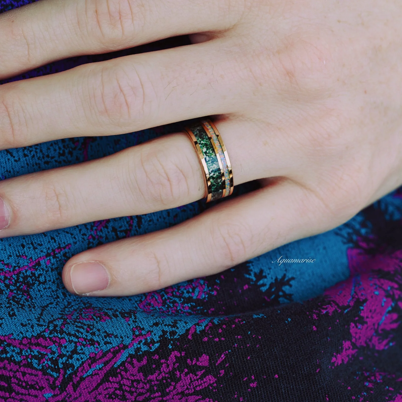 Enchanted Garden Moss Agate & Fire Opal Couples Ring Set - Image 7