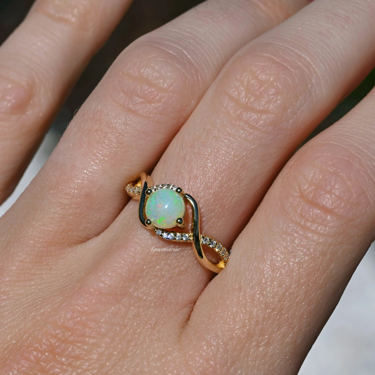 Entwined Natural Australian Opal Engagement Ring in 14K Solid Yellow Gold - Image 4