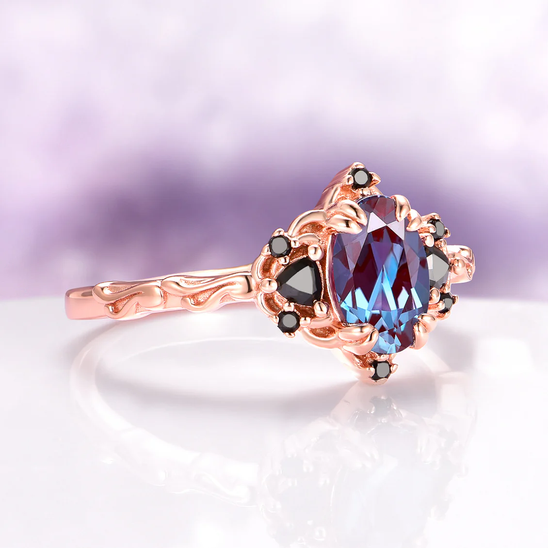 Esme Oval Cut Alexandrite & Black Moissanite Engagement Ring in 14K Solid Rose Gold - Image 2