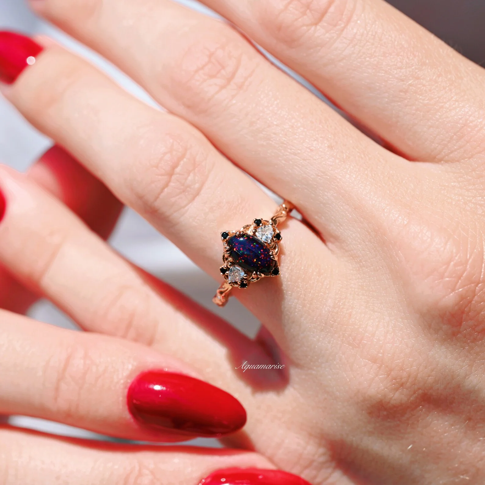 Esme Black Fire Opal Ring- 14K Rose Gold Vermeil - Image 5