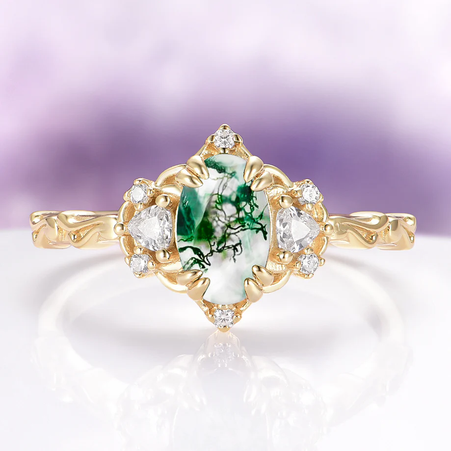 Esme Green Moss Agate Fairy Engagement Ring in 14K Solid Yellow Gold