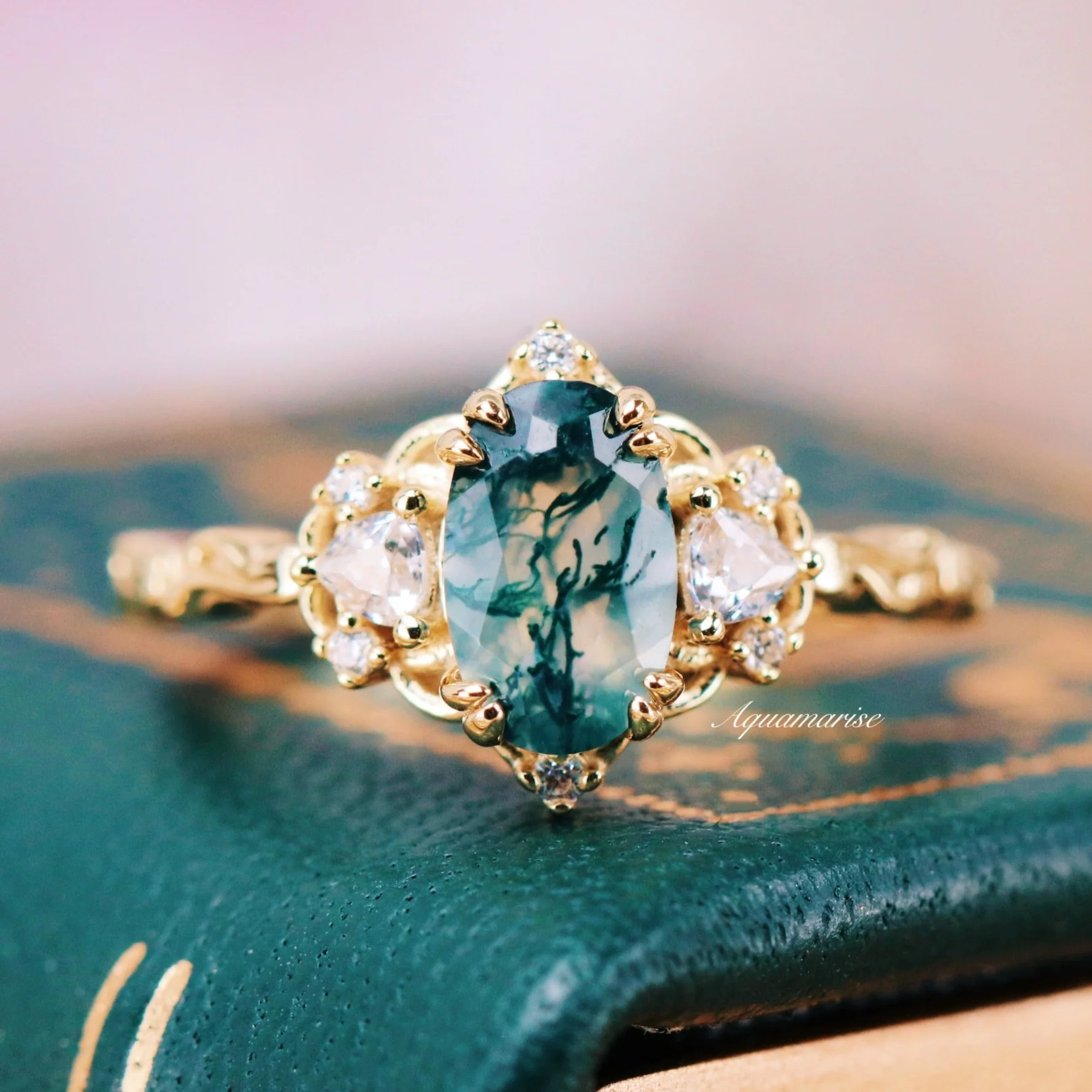 Esme Green Moss Agate Fairy Engagement Ring in 14K Solid Yellow Gold - Image 2