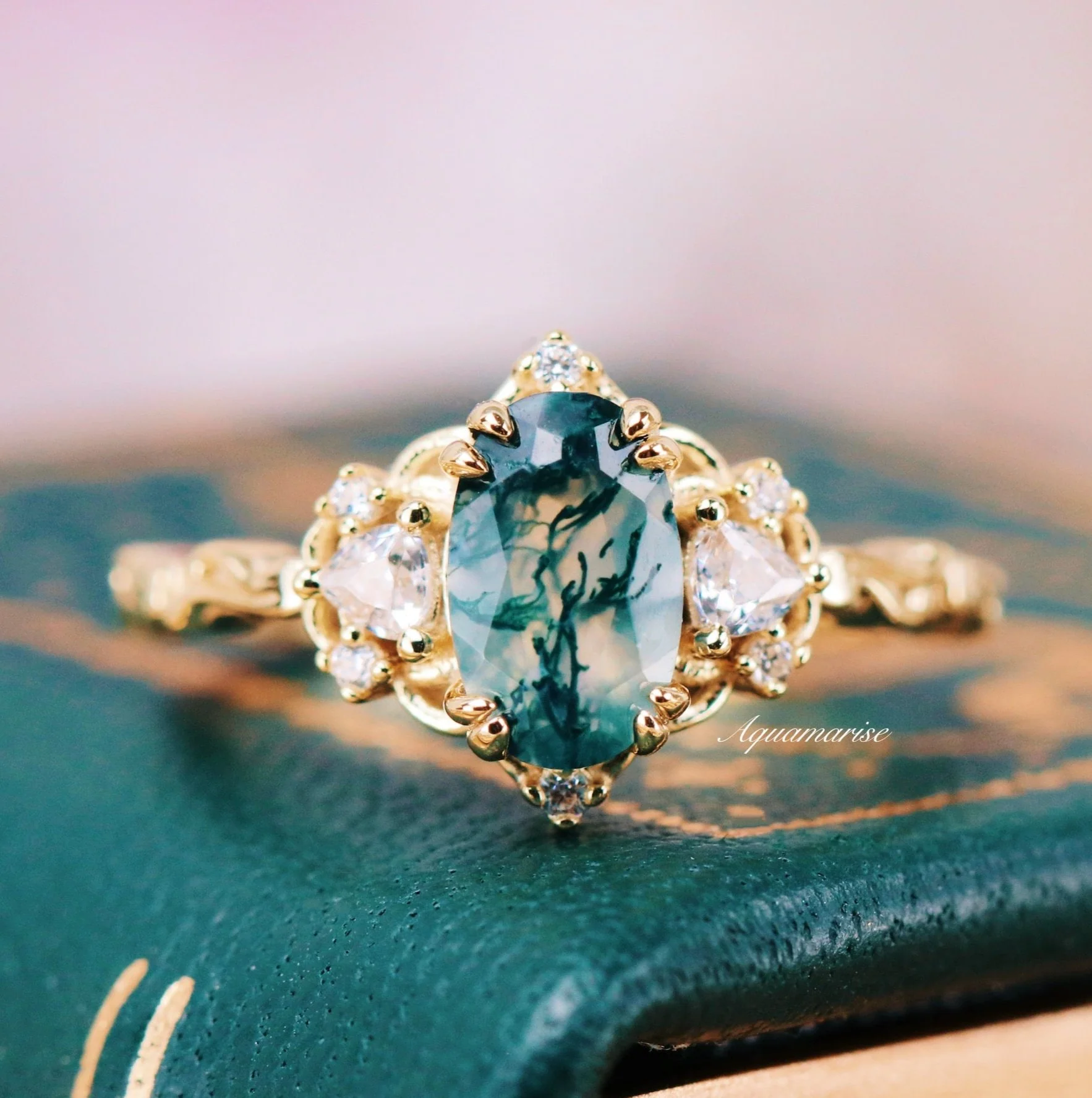 Esme Green Moss Agate Fairy Engagement Ring in 14K Yellow Gold Vermeil - Image 2