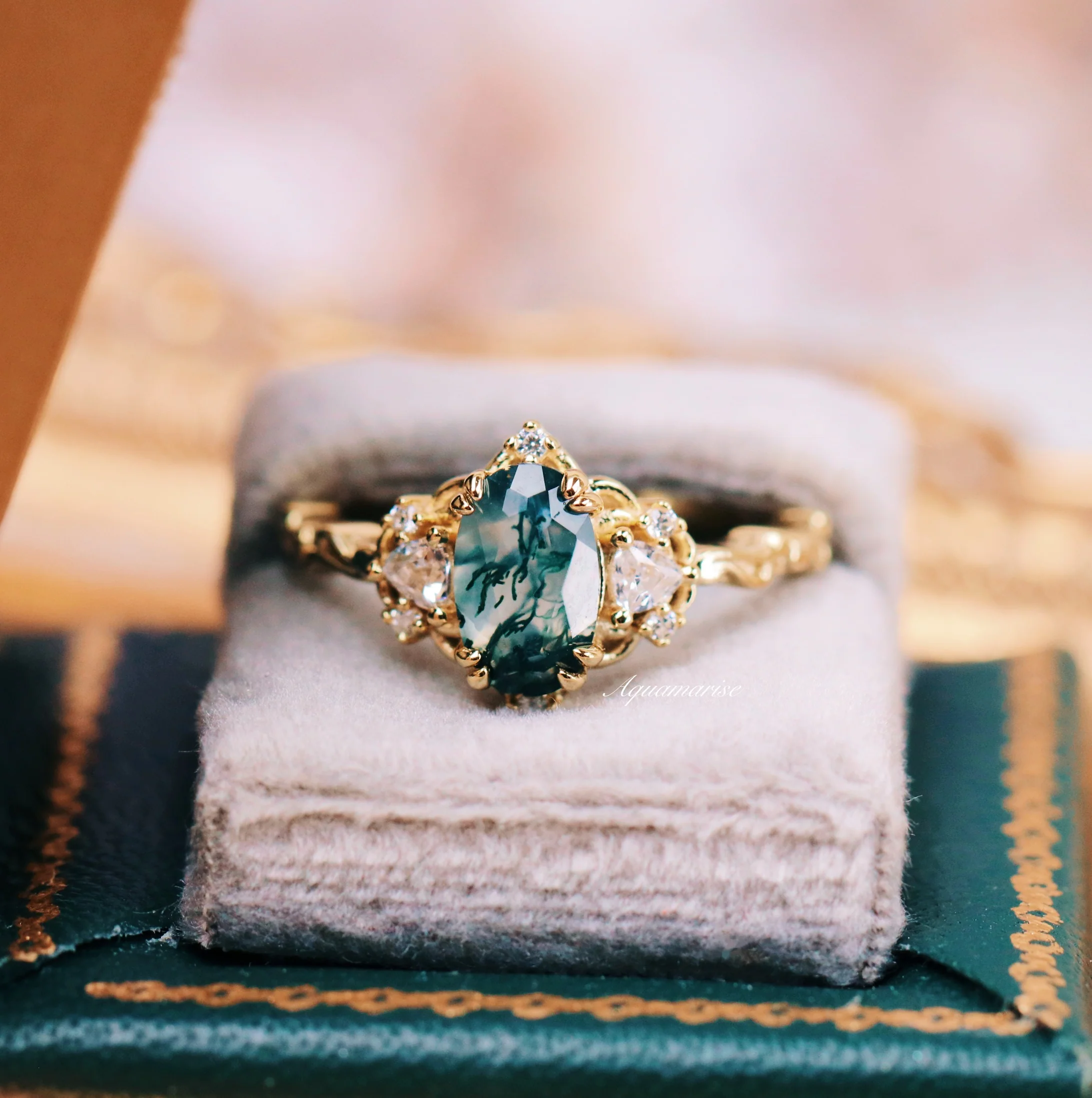 Esme Green Moss Agate Fairy Engagement Ring in 14K Yellow Gold Vermeil - Image 3