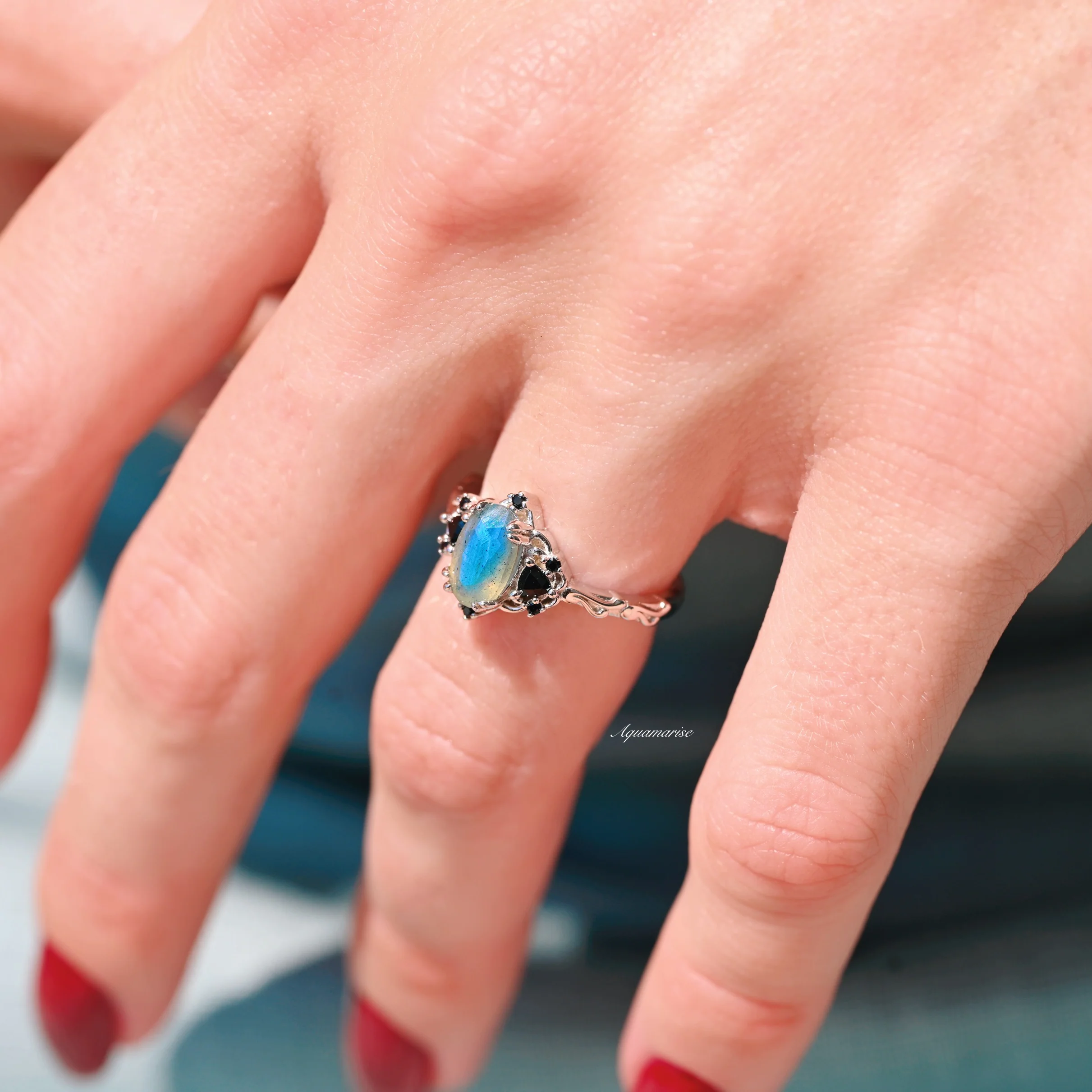 Esme Labradorite & Black Onyx Engagement Ring in 14K White Gold - Image 2