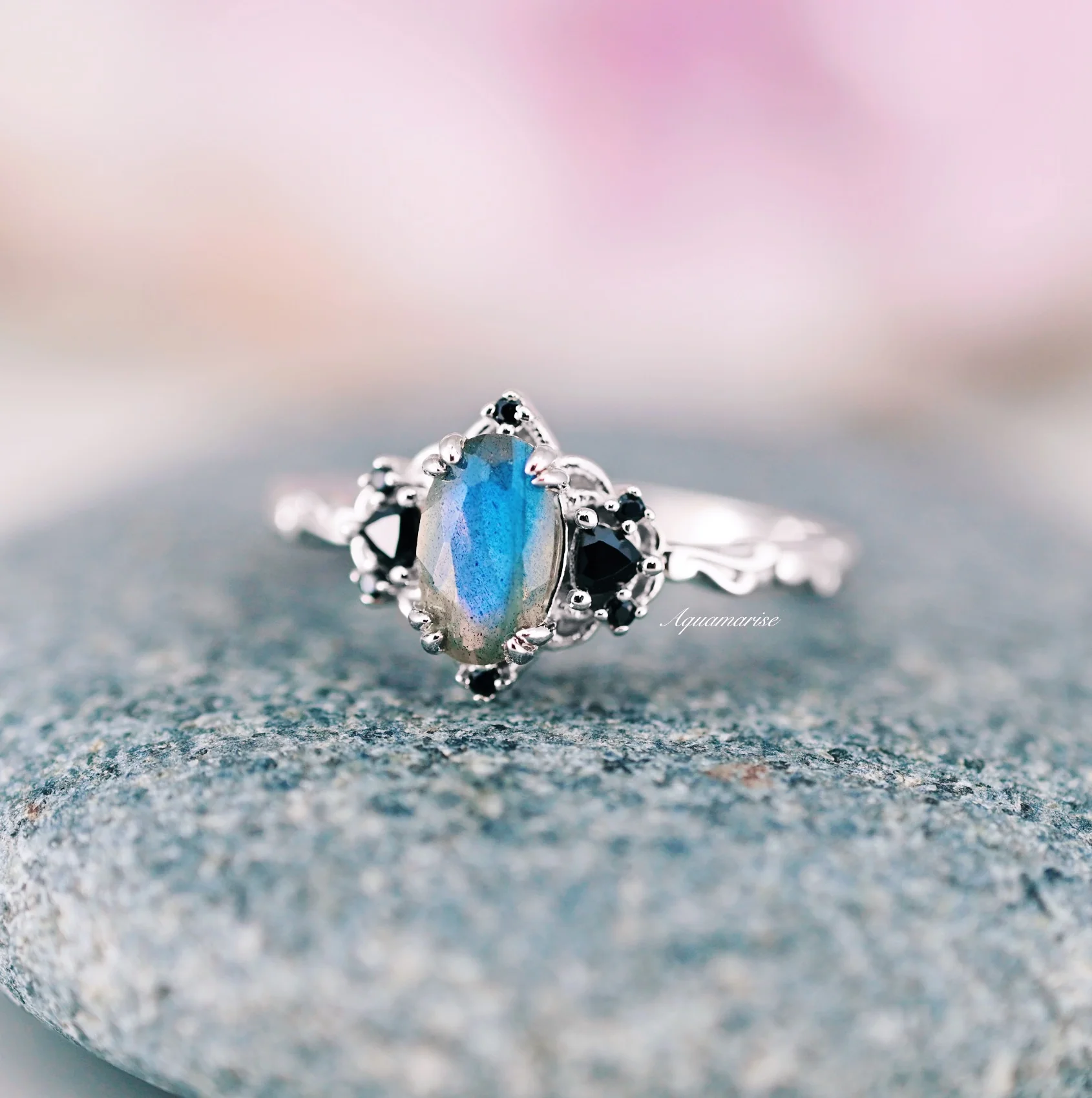 Esme Labradorite & Black Onyx Engagement Ring in 14K White Gold - Image 3