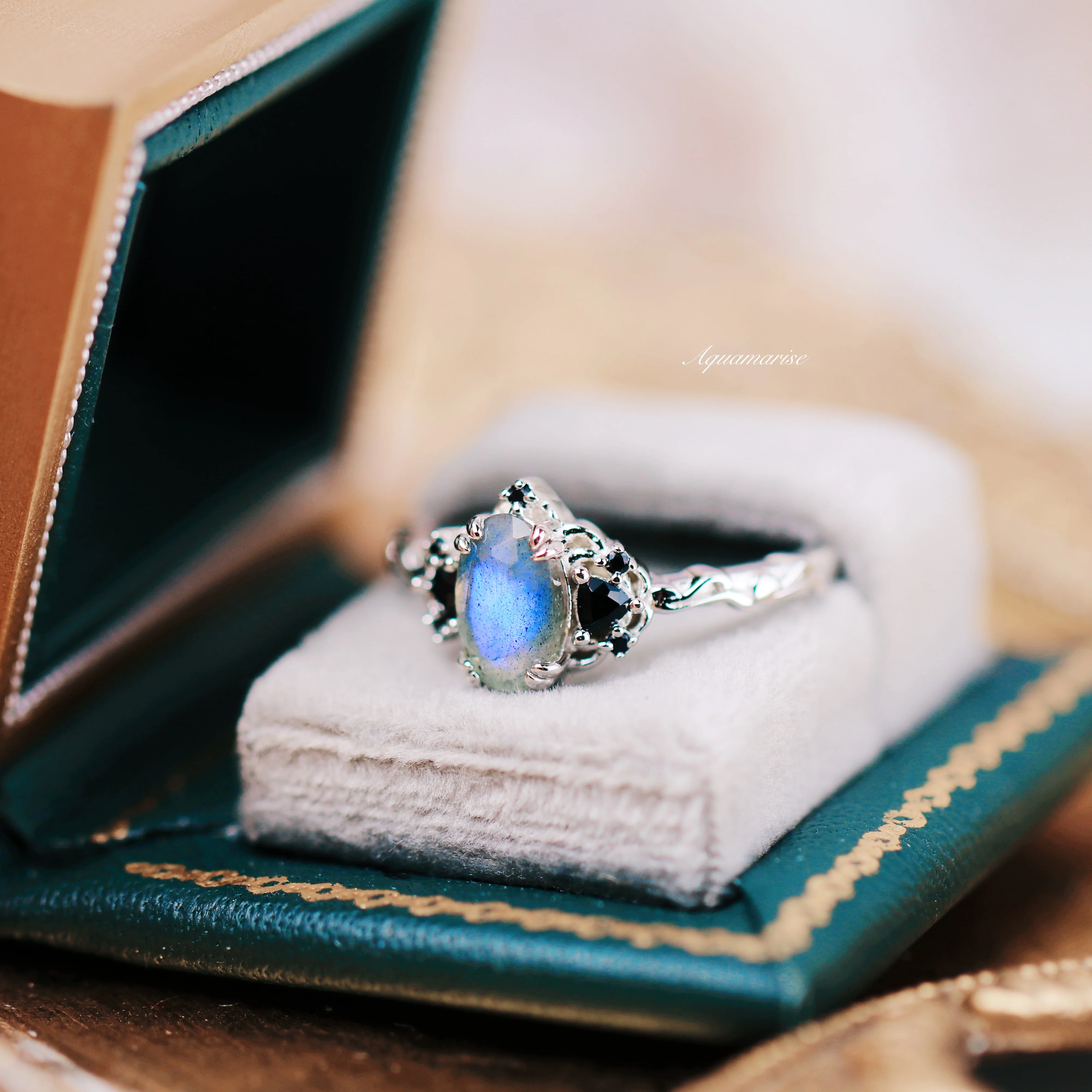 Esme Labradorite & Black Onyx Engagement Ring in 14K White Gold - Image 4