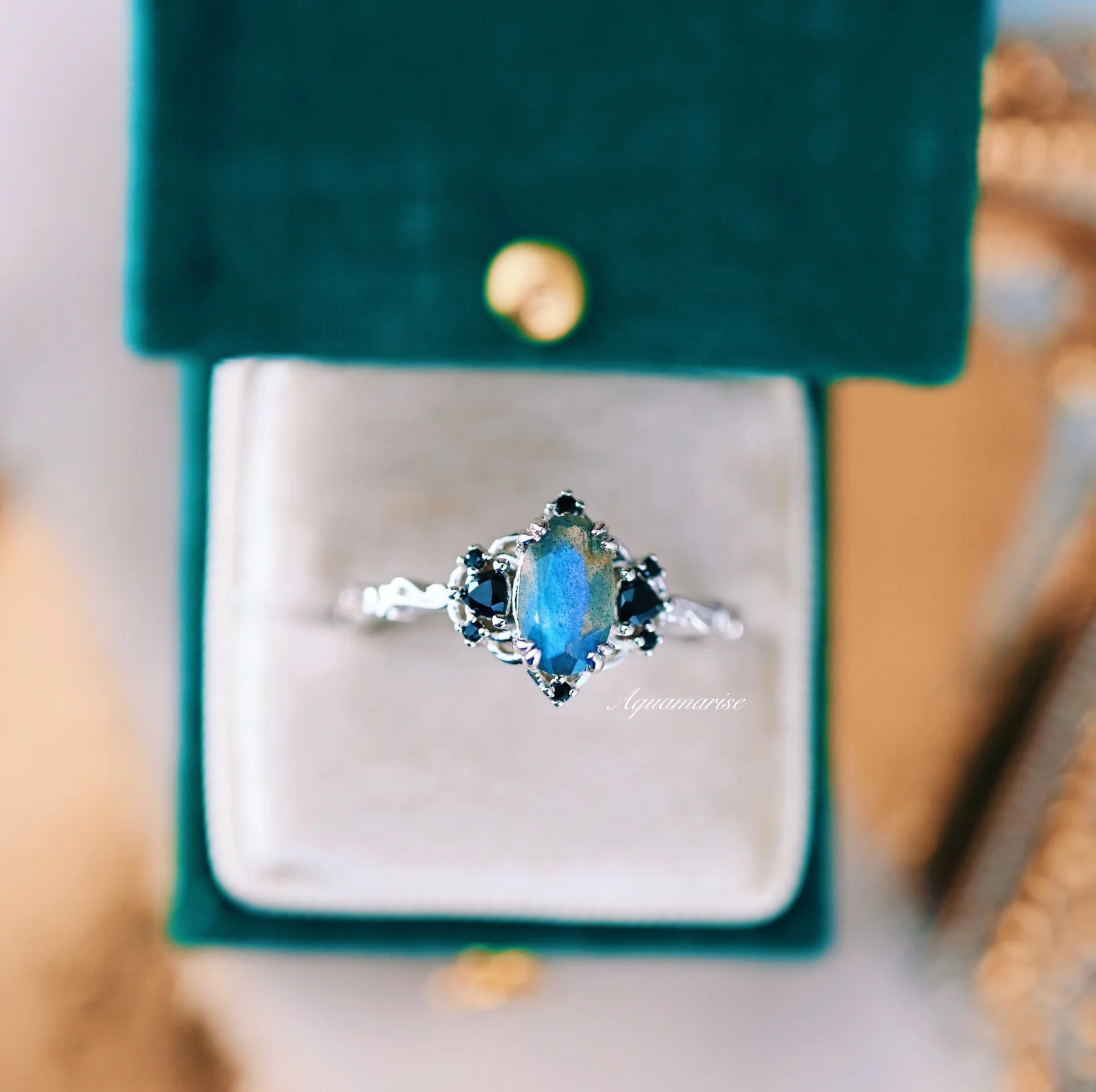 Esme Labradorite & Black Onyx Engagement Ring in 14K White Gold - Image 5