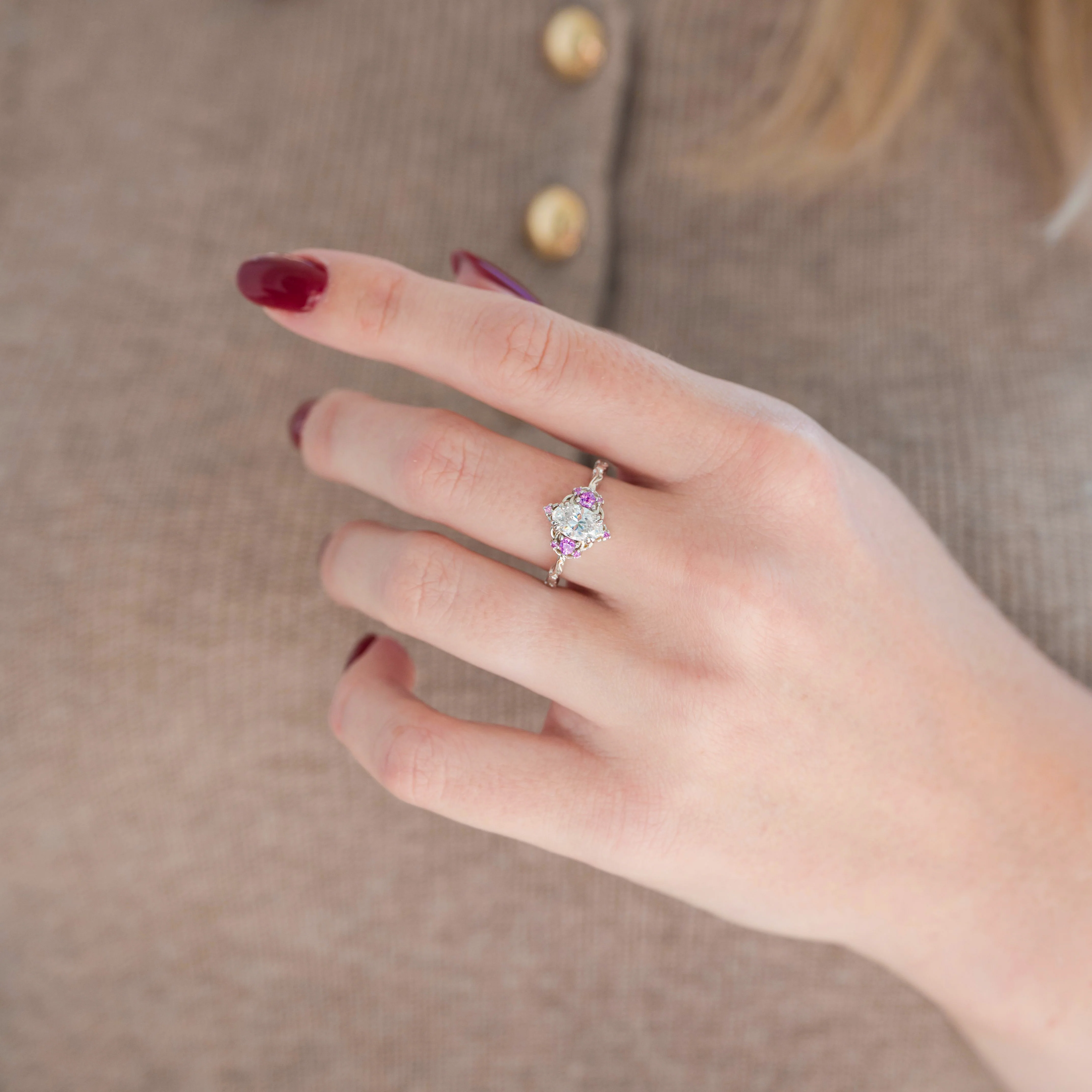 Esme Moissanite & Pink Sapphire Ring- 14K White Gold - Image 2