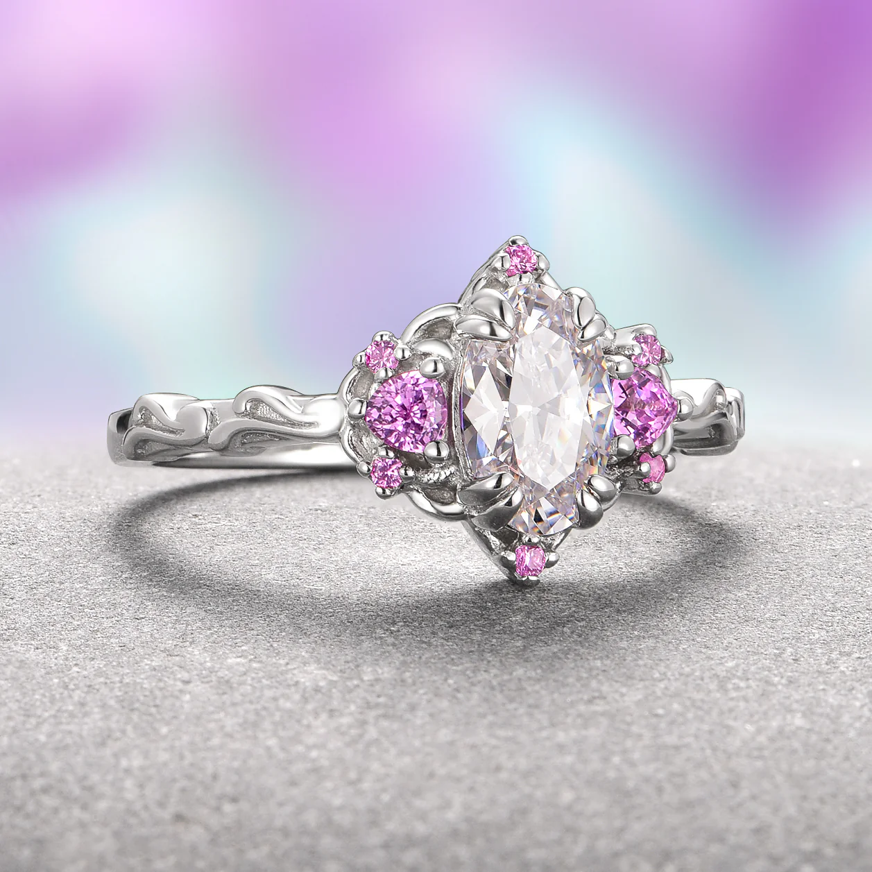 Esme Moissanite & Pink Sapphire Ring- 14K White Gold - Image 3