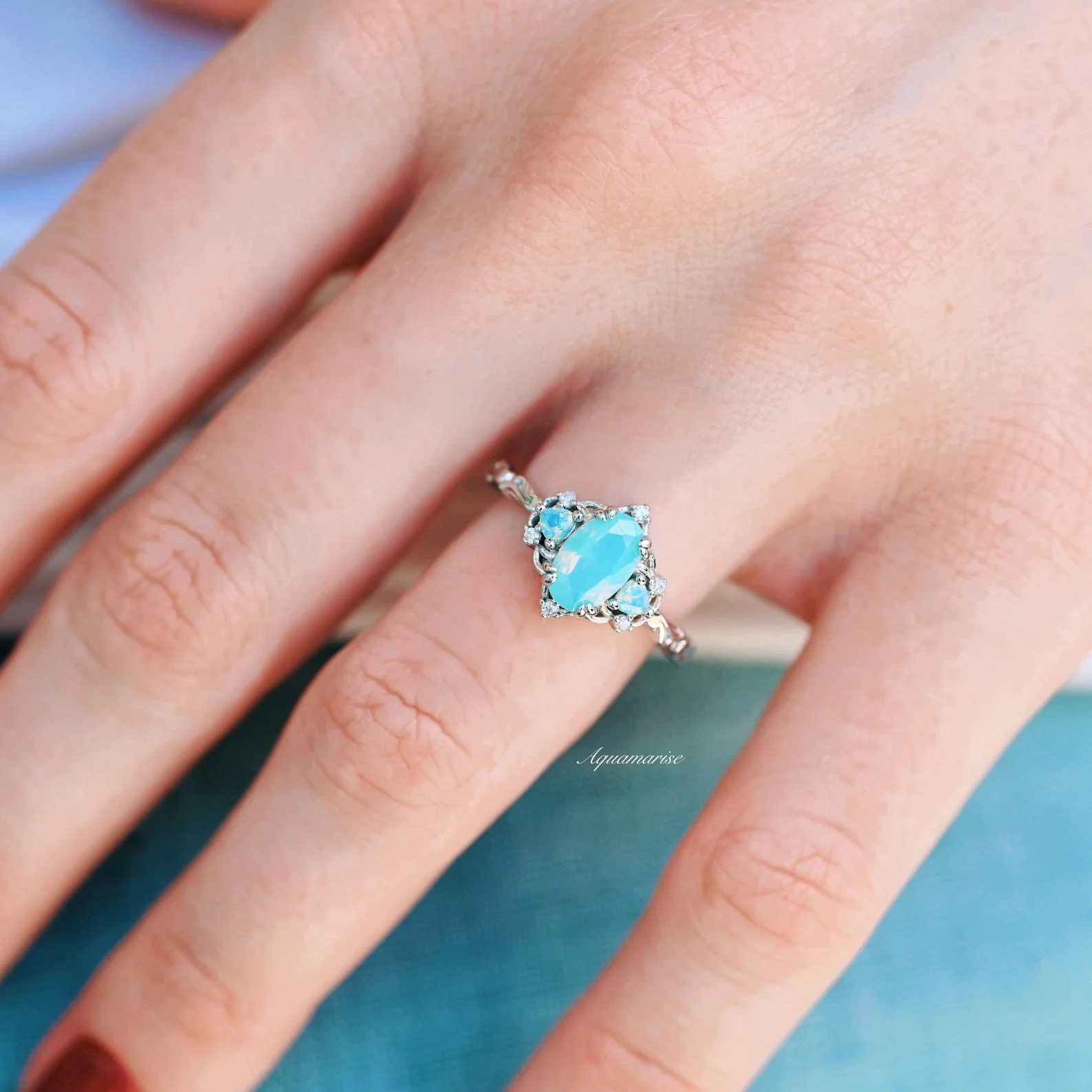 Esme Opalescent Blue Sapphire Mermaid Ring in 925 Sterling Silver - Image 5