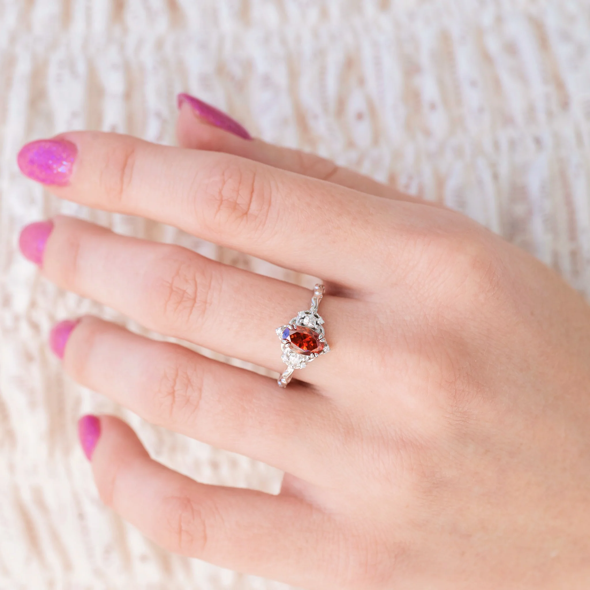 Esme Pigeon Blood Red Moissanite Ring in Sterling Silver - Image 2