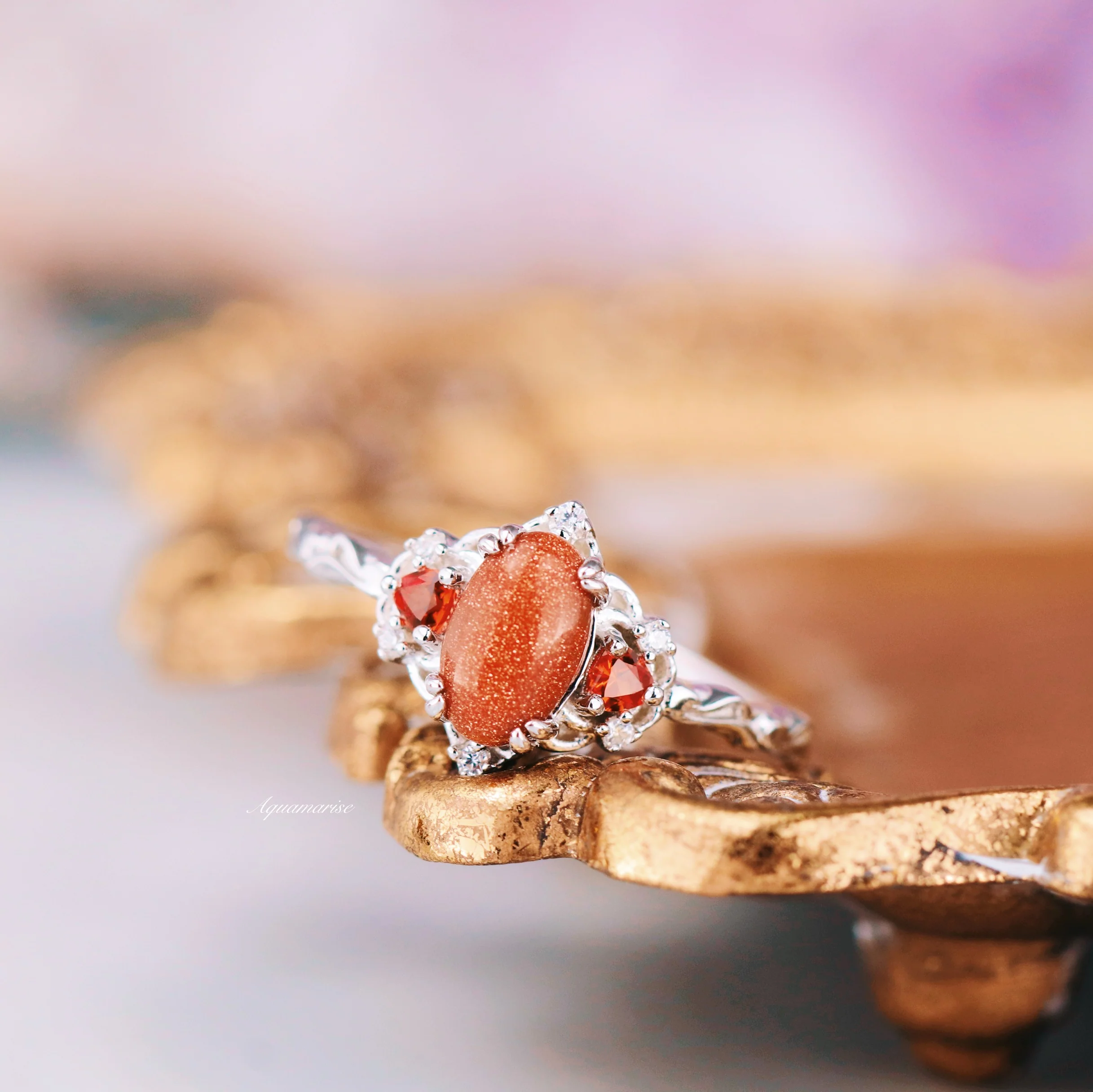 Esme Red Goldstone & Orange Sapphire Ring in Sterling Silver - Image 2