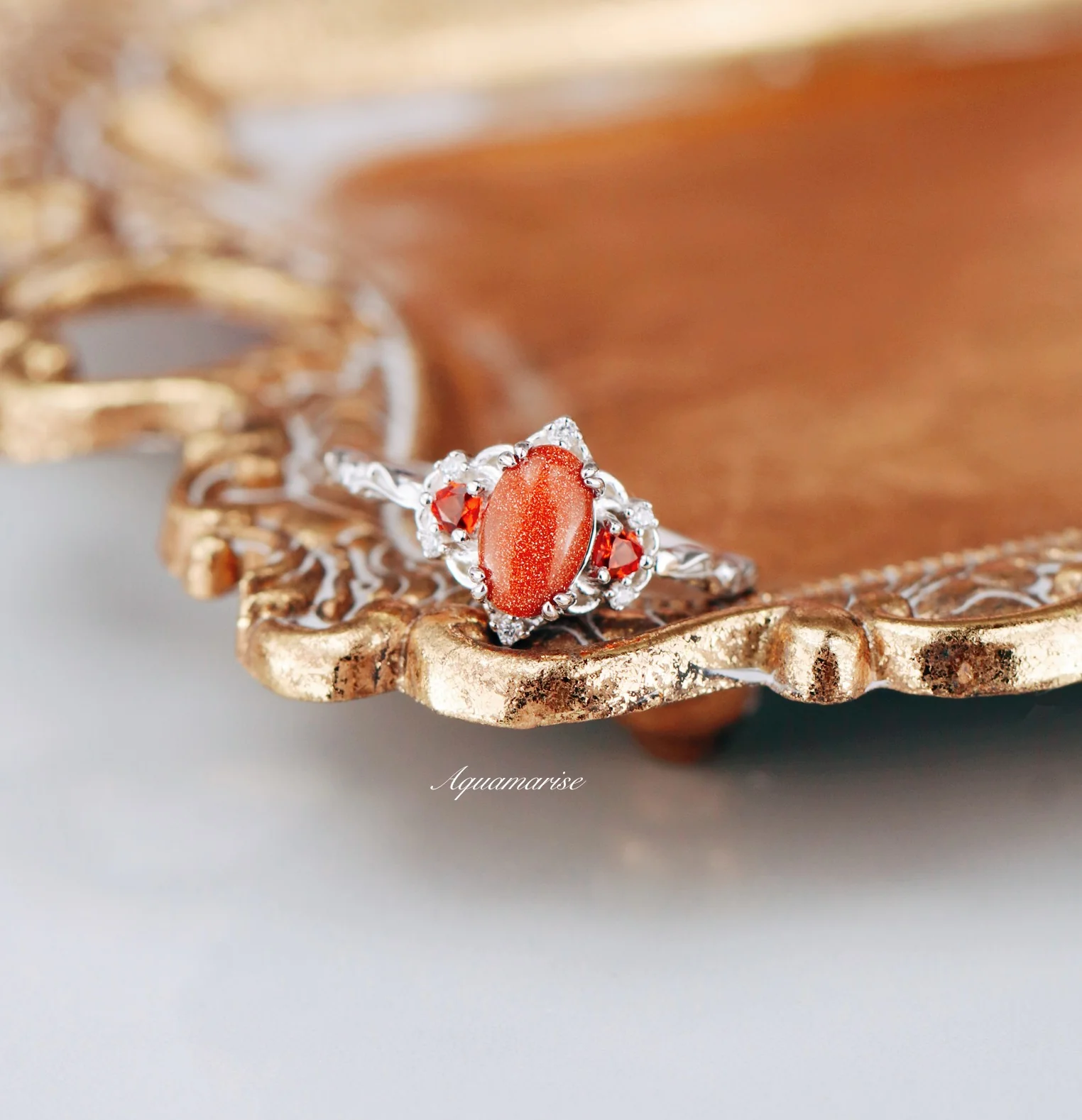 Esme Red Goldstone & Orange Sapphire Ring in Sterling Silver - Image 3