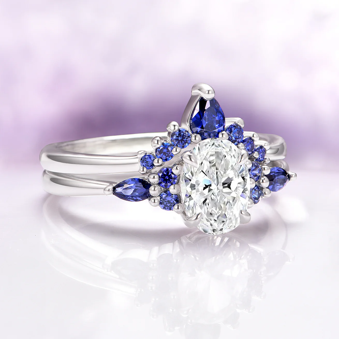 Estée Moissanite and Blue Sapphire Engagement Ring Set in 14K White Gold - Image 2