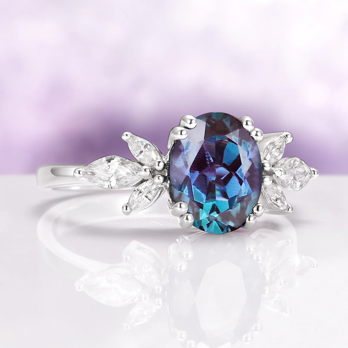 Eva Oval Cut Alexandrite Flower Ring in Sterling Silver - Image 5