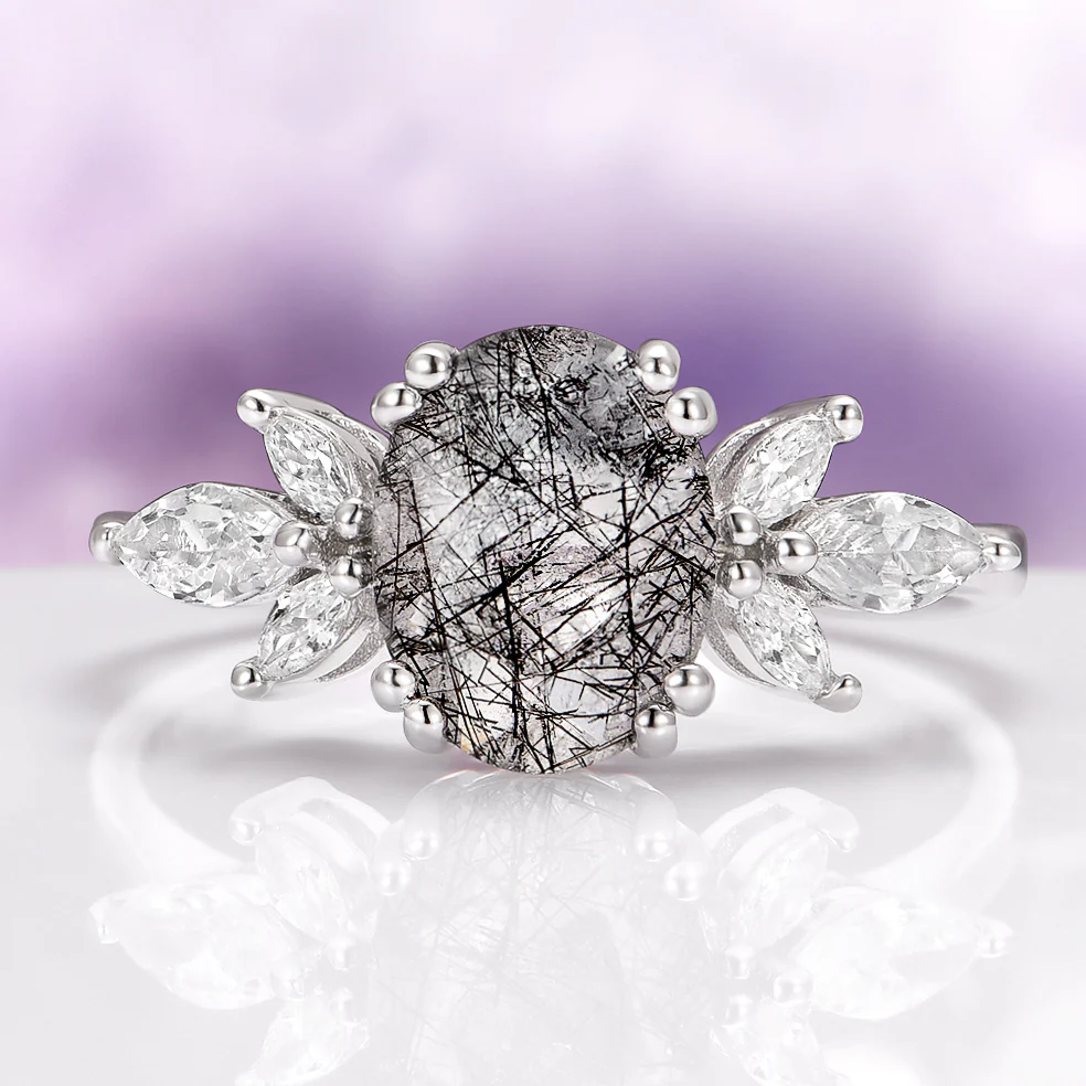 Eva Black Rutilated Quartz Engagement Ring in 14K White Gold