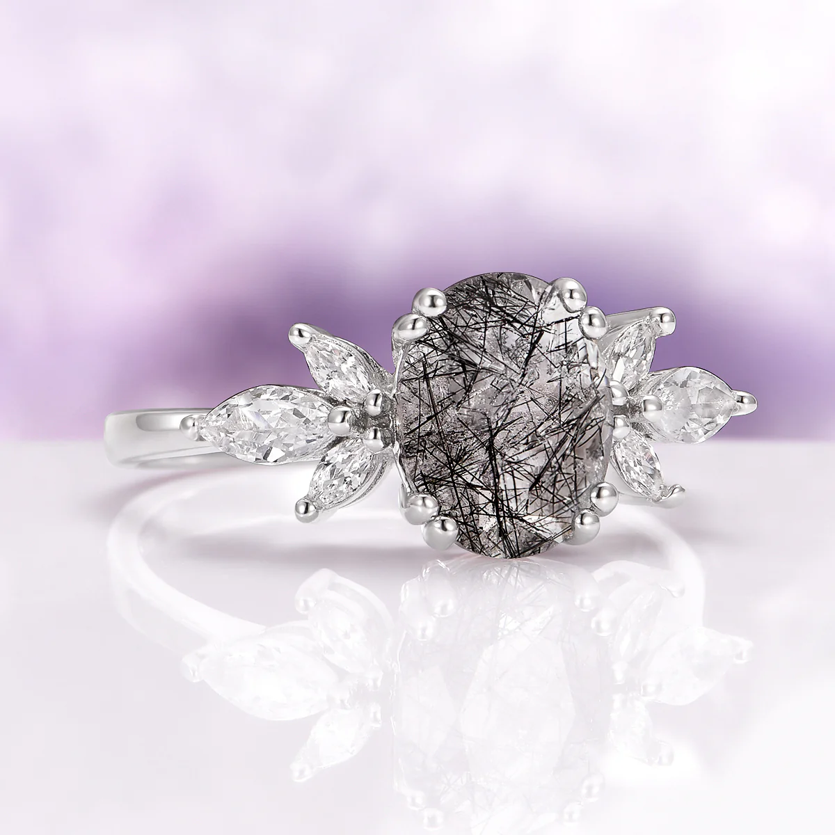 Eva Black Rutilated Quartz Engagement Ring in 14K White Gold - Image 4