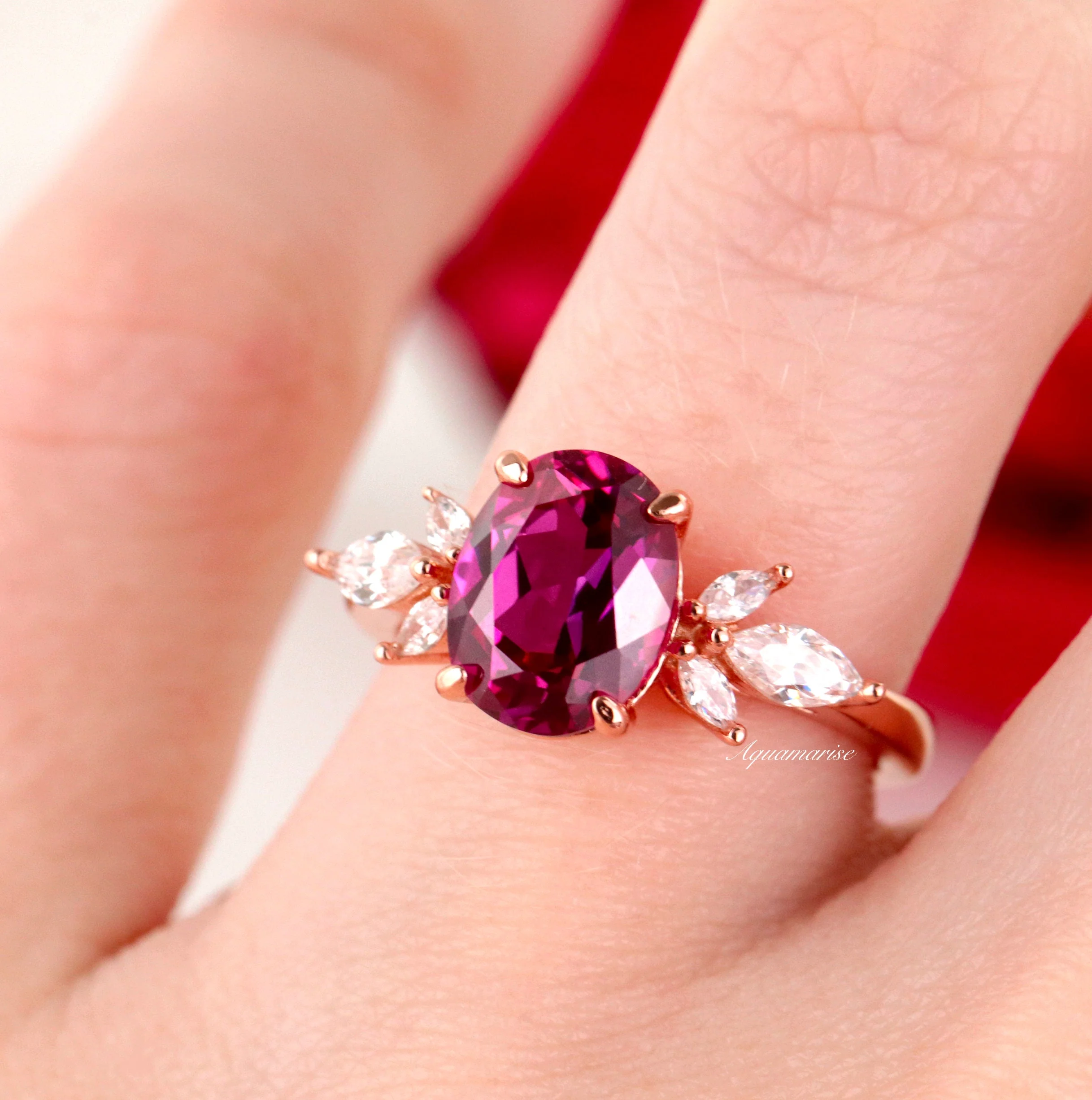 Eva Oval Cut Lab Grown Ruby Engagement Ring in 14K Rose Gold Vermeil - Image 3