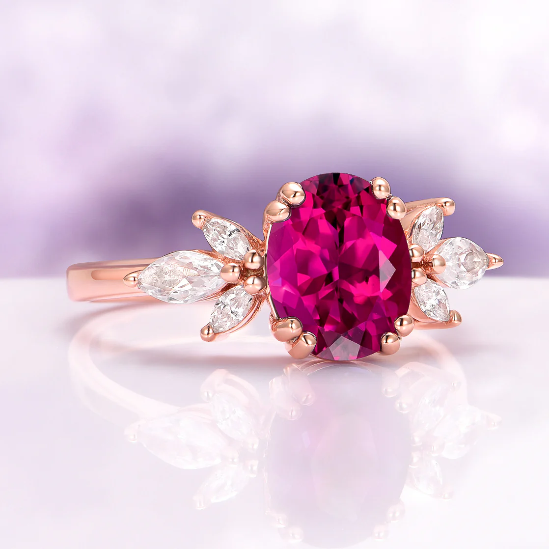 Eva Oval Cut Lab Grown Ruby Engagement Ring in 14K Rose Gold Vermeil - Image 4